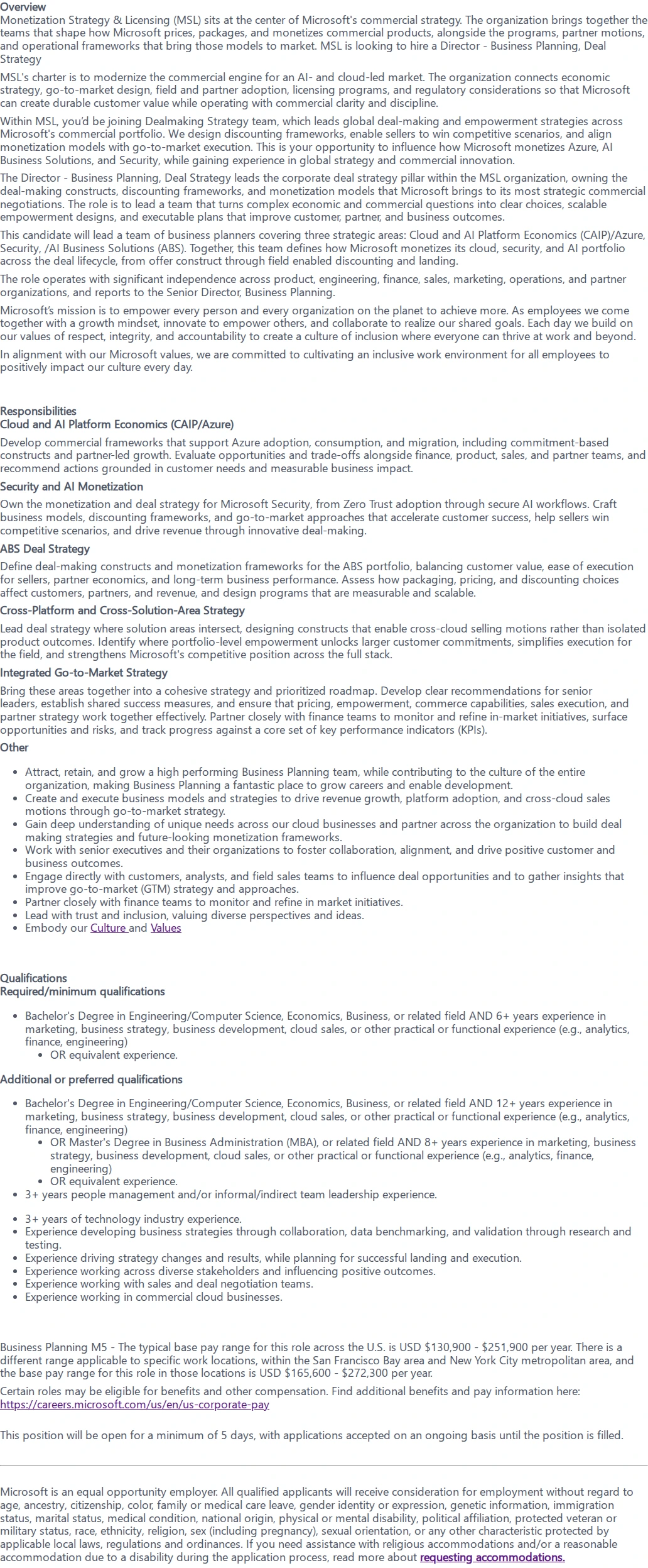 마이크로소프트(Microsoft) Director - Business Planning, Deal Strategy 채용공고