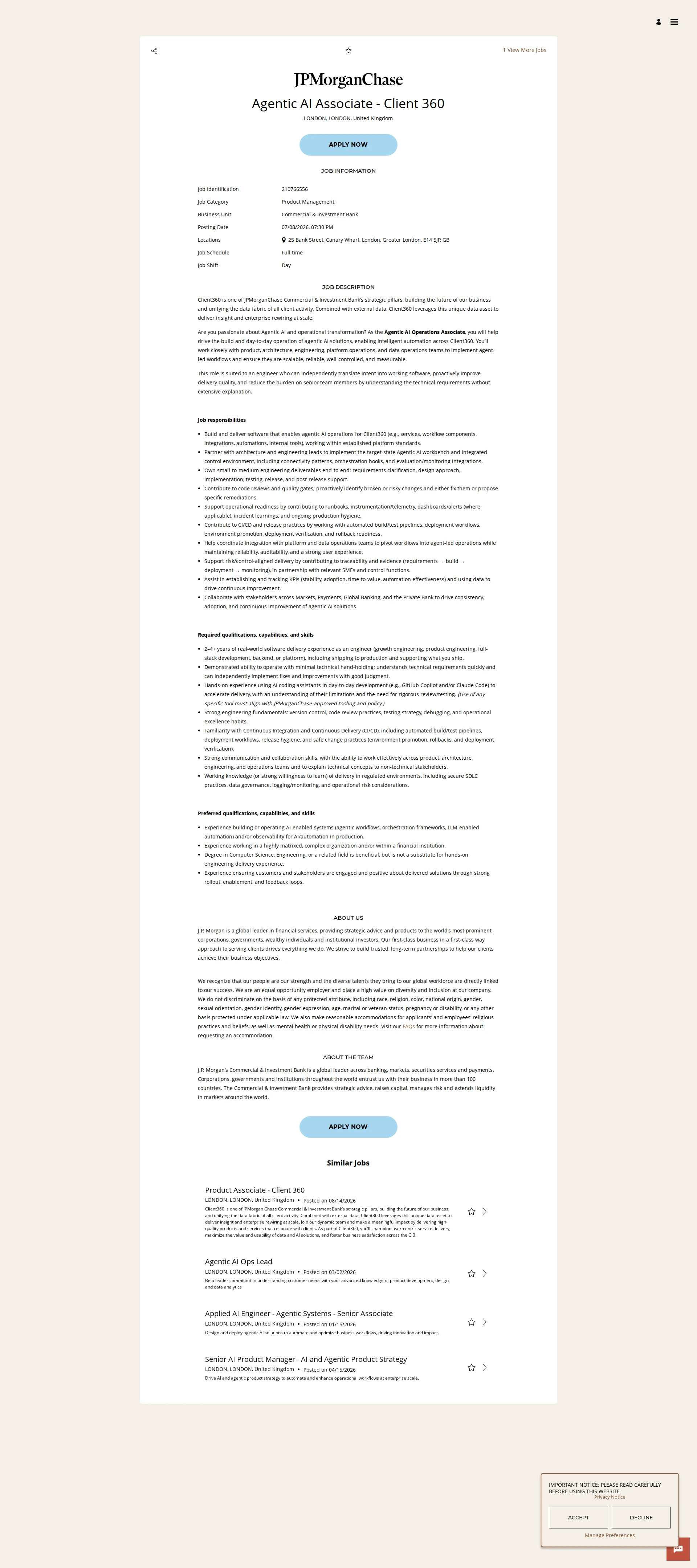 JPMorganChase Agentic AI Associate - Client 360 채용공고