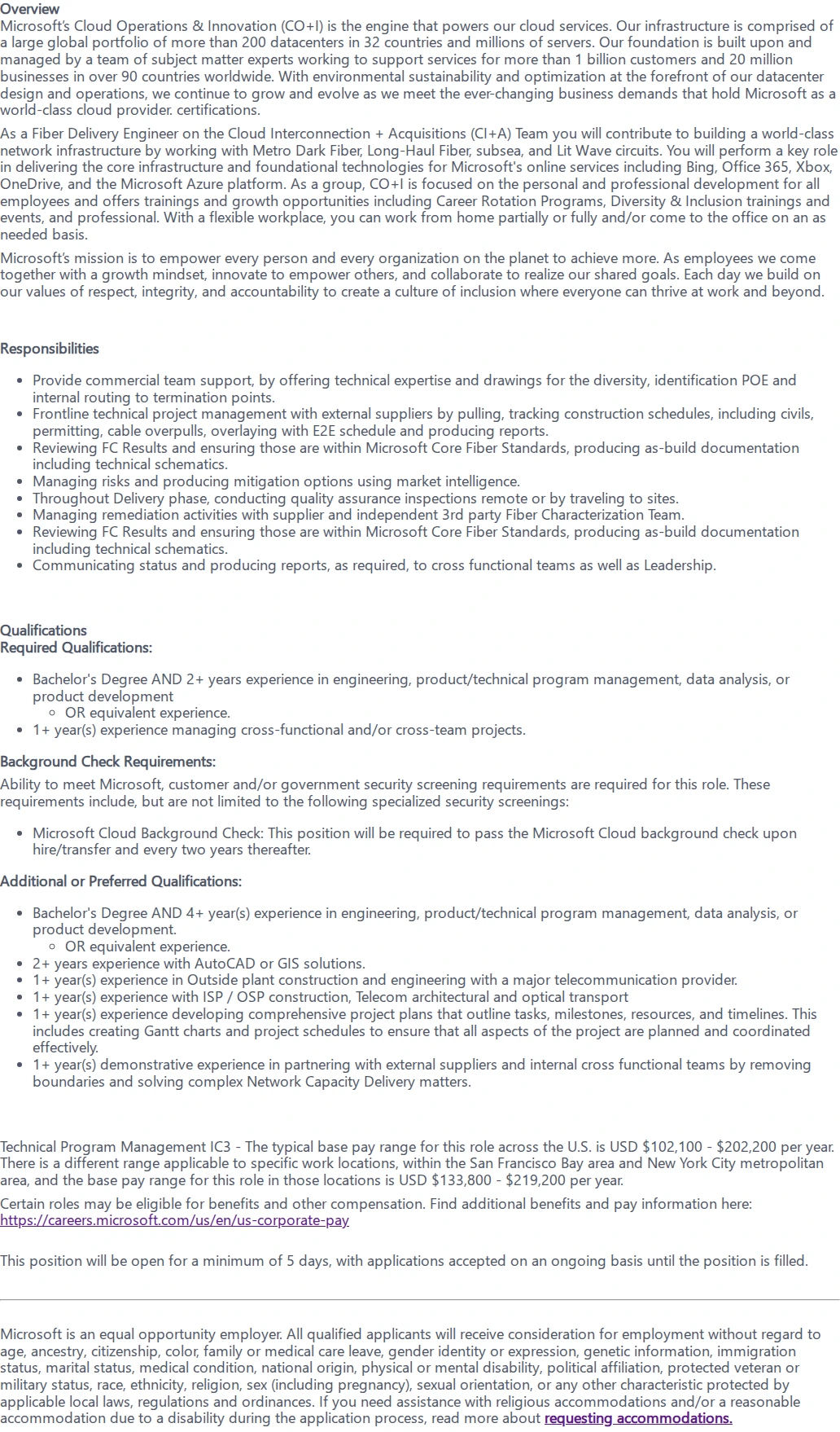 마이크로소프트(Microsoft) Fiber Delivery Engineer 채용공고