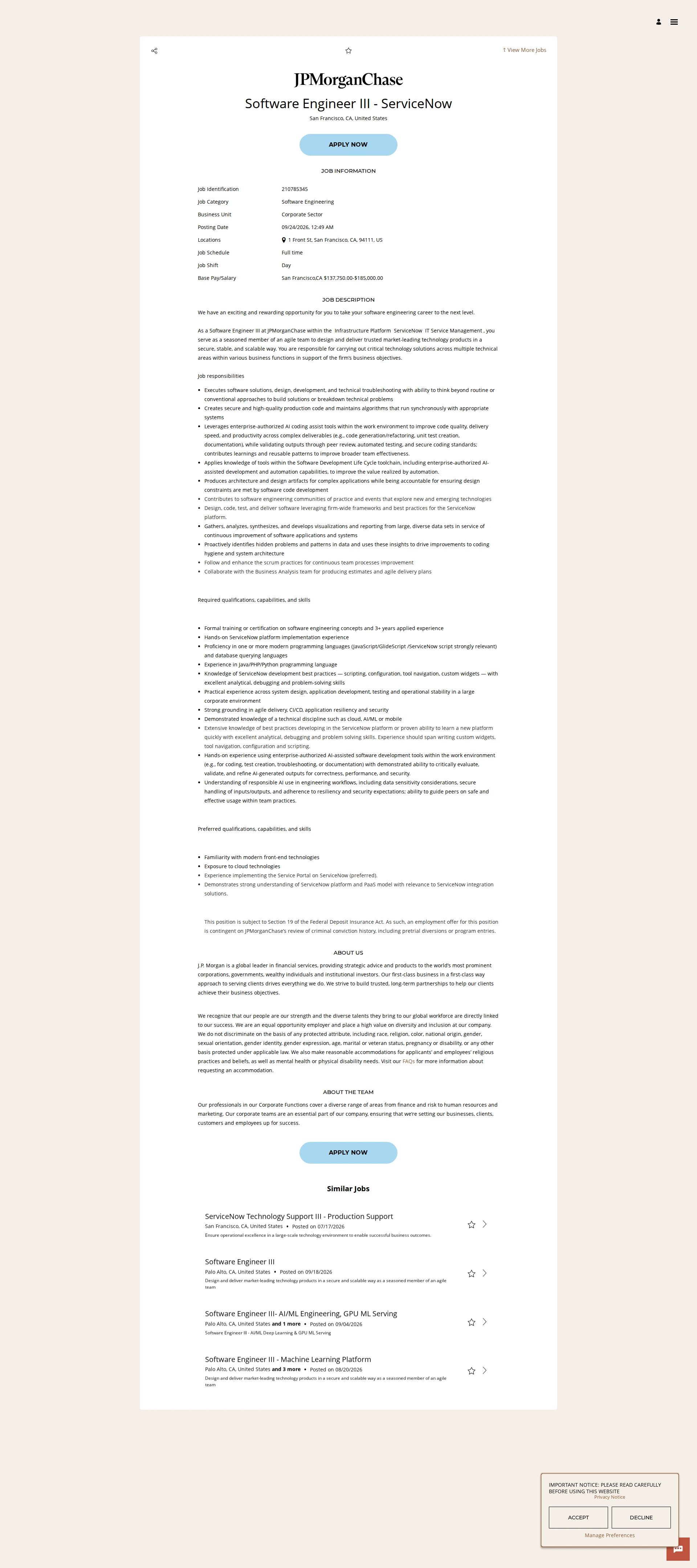 JPMorganChase Software Engineer III - ServiceNow 채용공고