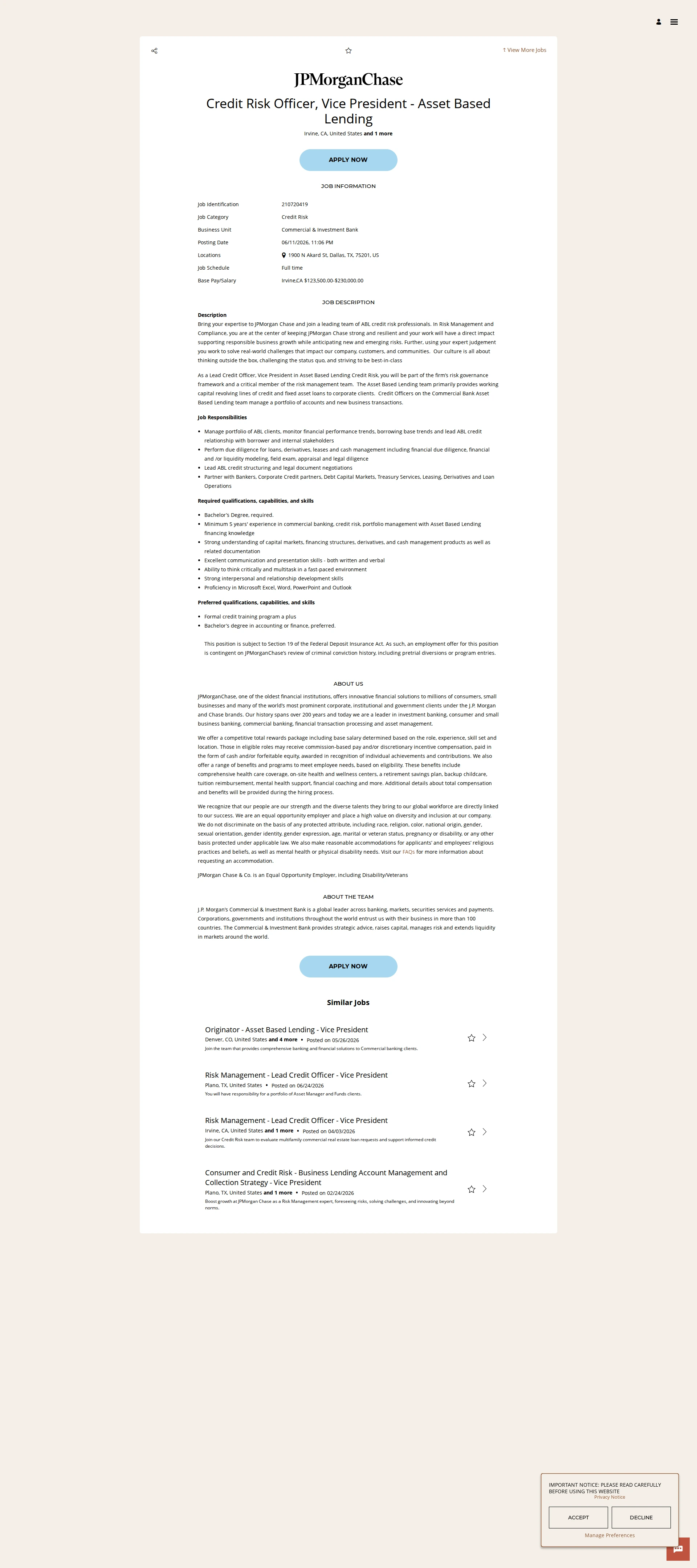 JPMorganChase Credit Risk Officer, Vice President - Asset Based Lending 채용공고