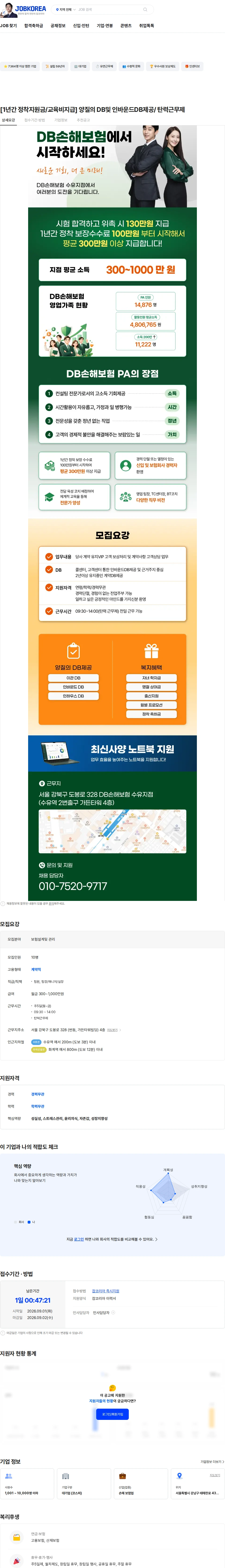 DB손해보험 [1년간 정착지원금/교육비지급] 양질의 DB및 인바운드DB제공/ 탄력근무제 채용공고