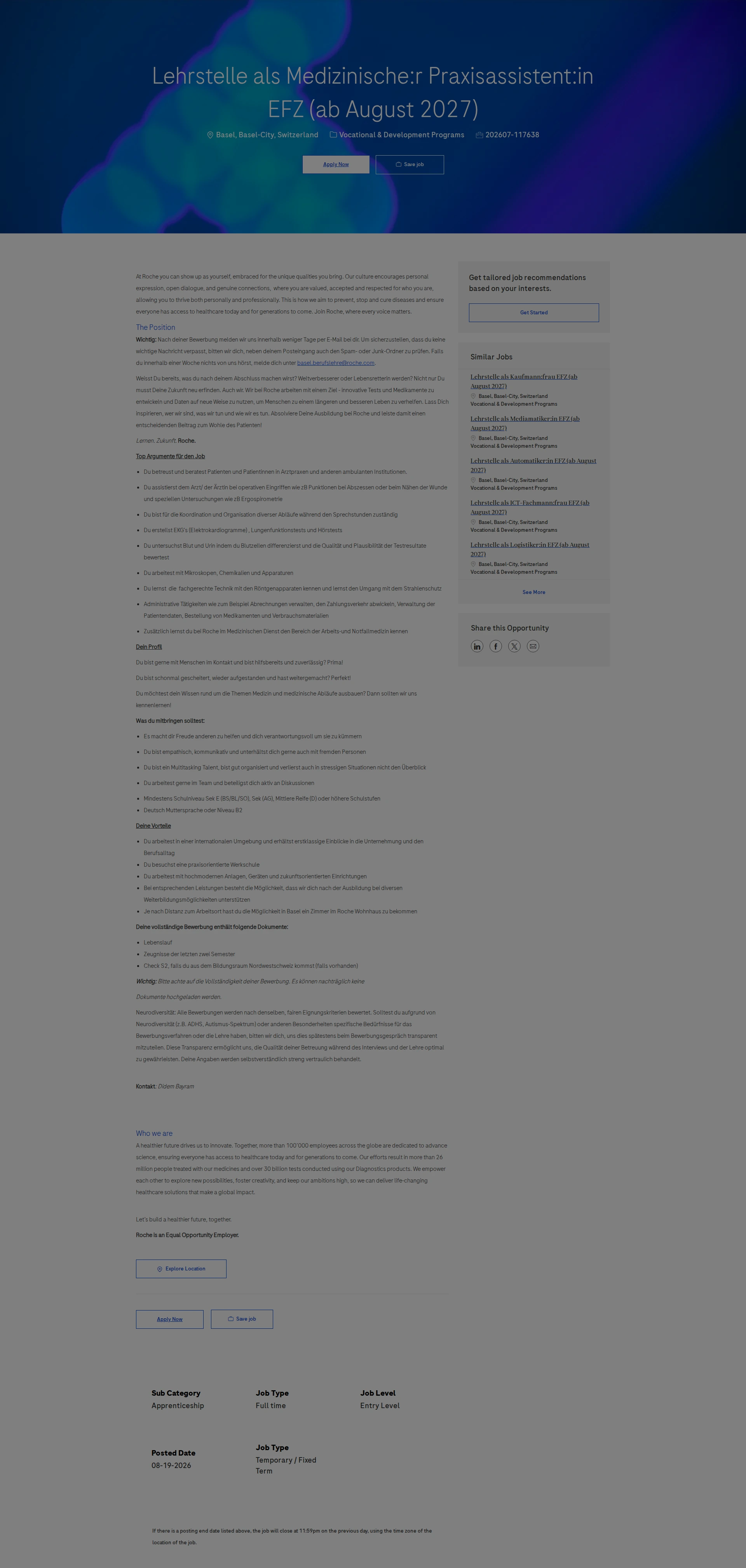 로슈 Lehrstelle als Medizinische:r Praxisassistent:in EFZ (ab August 2027) 채용공고