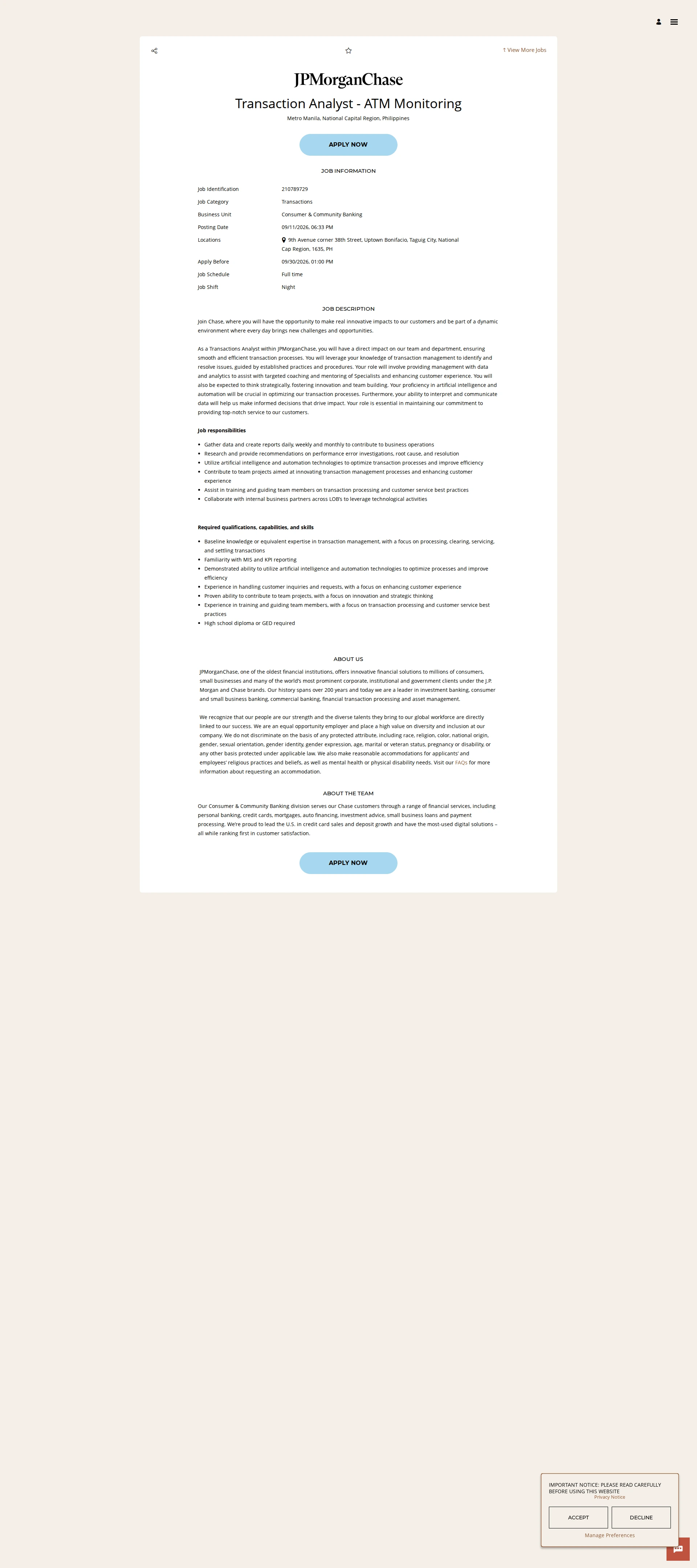 JPMorganChase Transaction Analyst - ATM Monitoring 채용공고