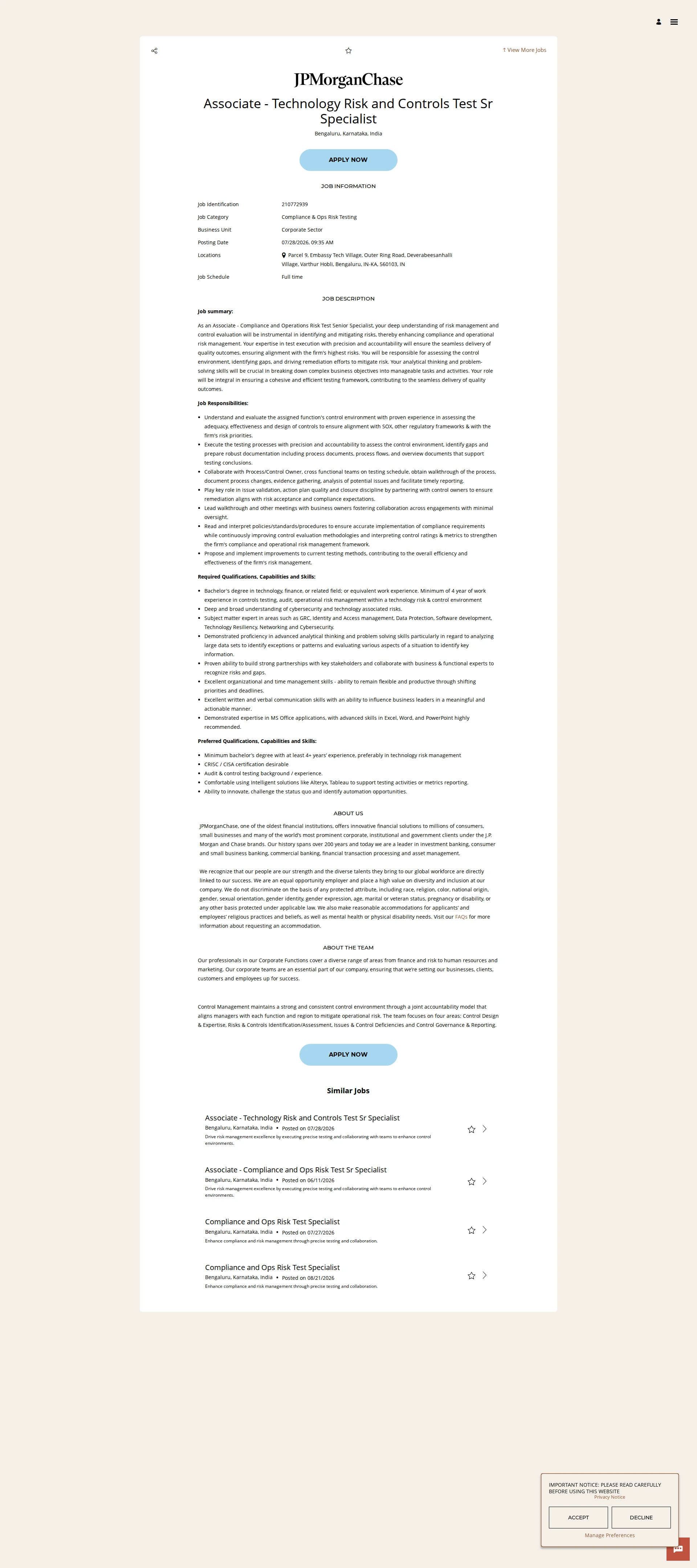 JPMorganChase Associate - Technology Risk and Controls Test Sr Specialist 채용공고