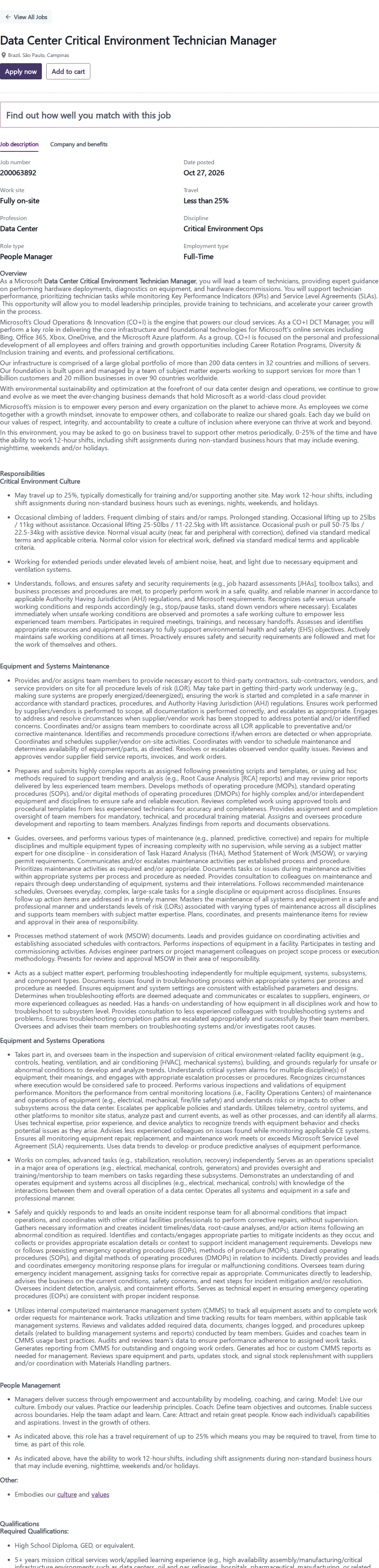 마이크로소프트(Microsoft) Data Center Critical Environment Technician Manager 채용공고