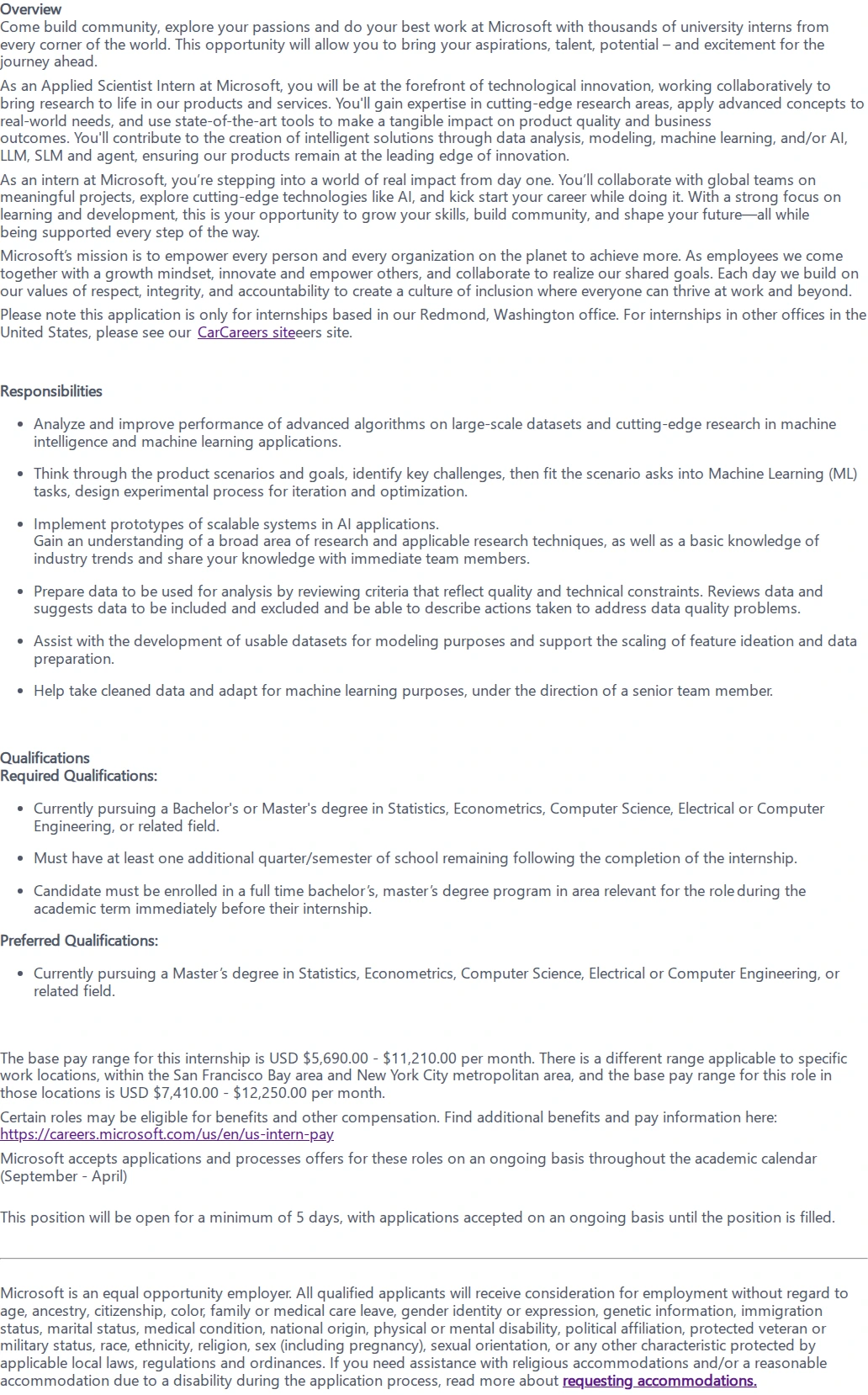 마이크로소프트(Microsoft) Applied Science: Internship Opportunities - Redmond 채용공고