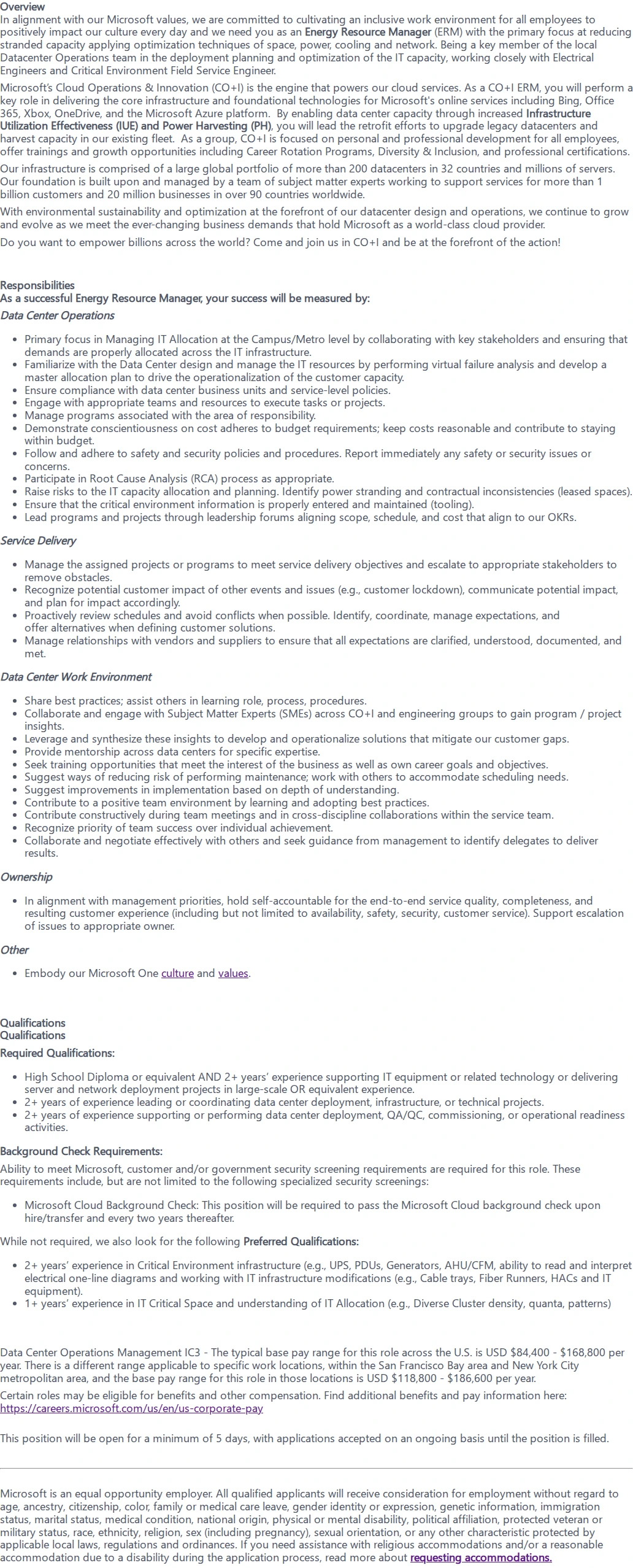 마이크로소프트(Microsoft) Energy Resource Manager 채용공고