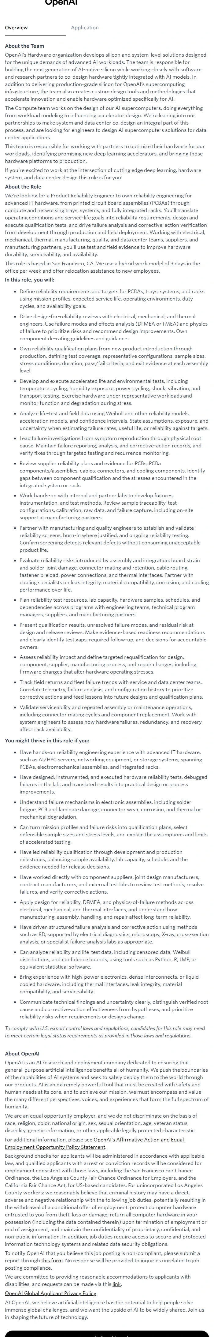 오픈에이아이(OpenAI) Product Reliability Engineer 채용공고