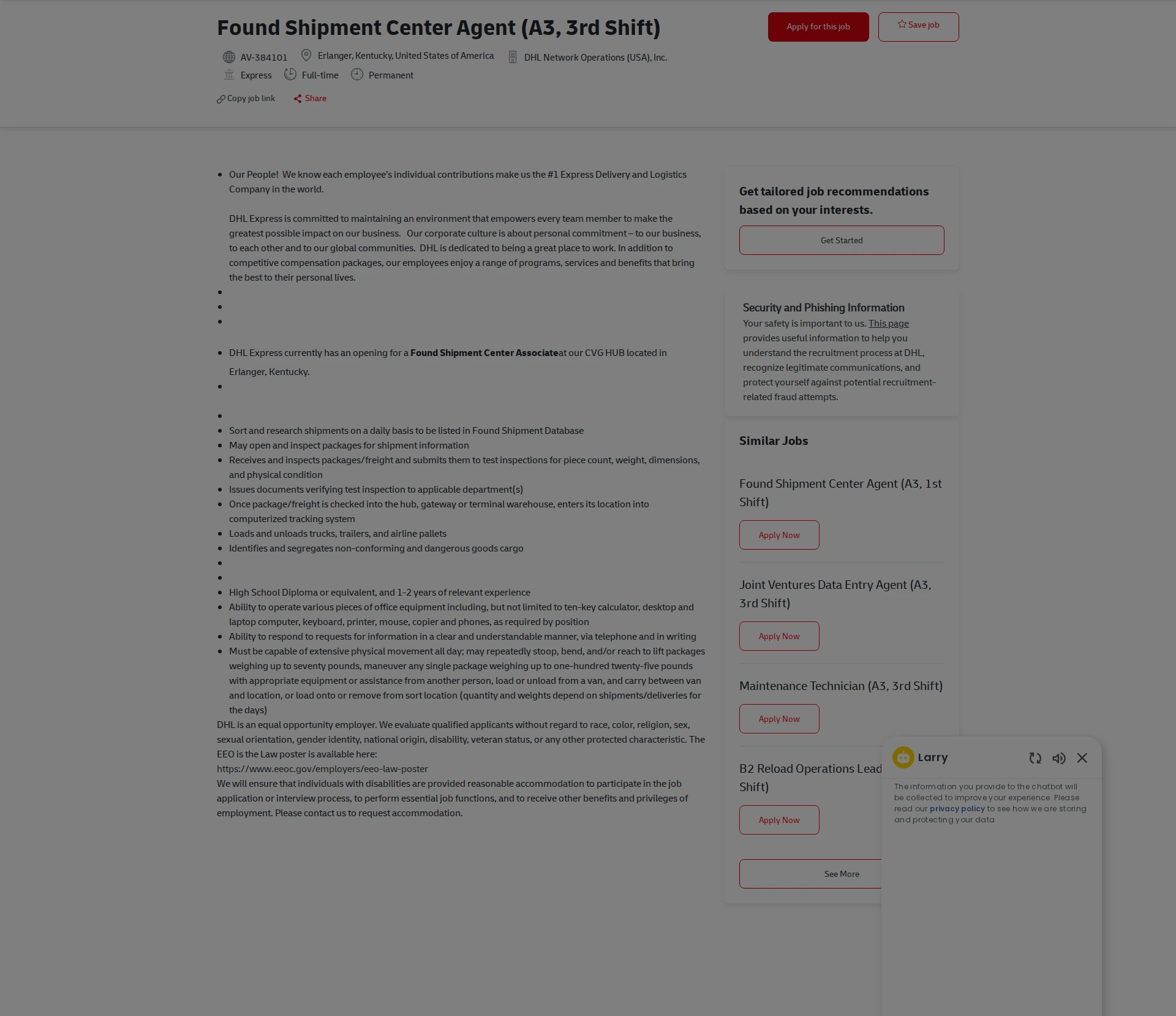 DHL Found Shipment Center Agent (A3, 3rd Shift) 채용공고