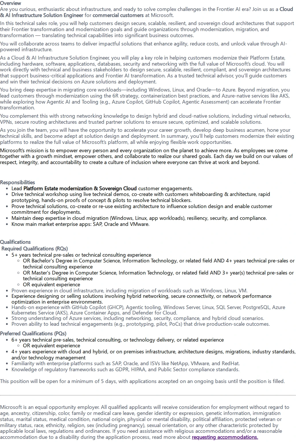 마이크로소프트(Microsoft) Solution Engineer (Cloud & AI Infrastructure | 大手情報通信企業担当 채용공고