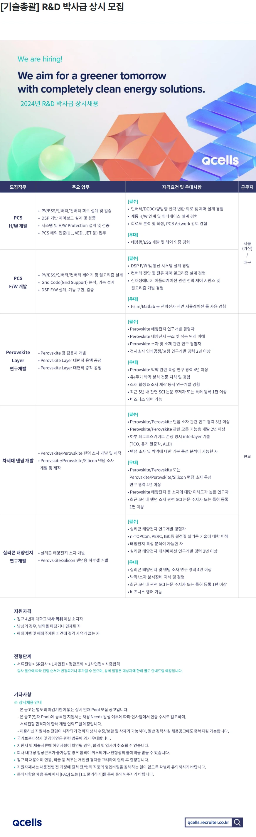 한화큐셀 [기술총괄] R&D 박사급 상시 모집 채용공고