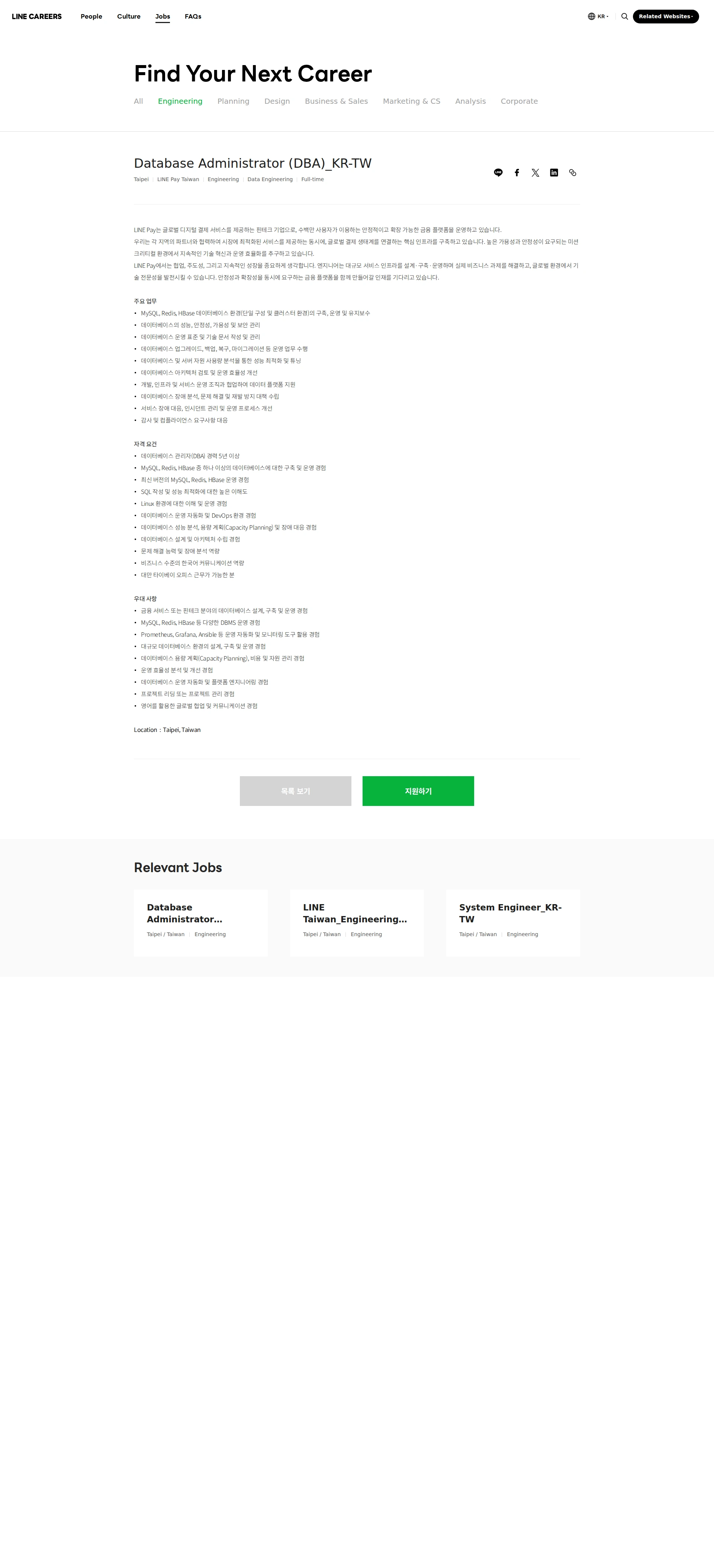 LINE Pay Taiwan Database Administrator (DBA)_KR-TW 채용공고