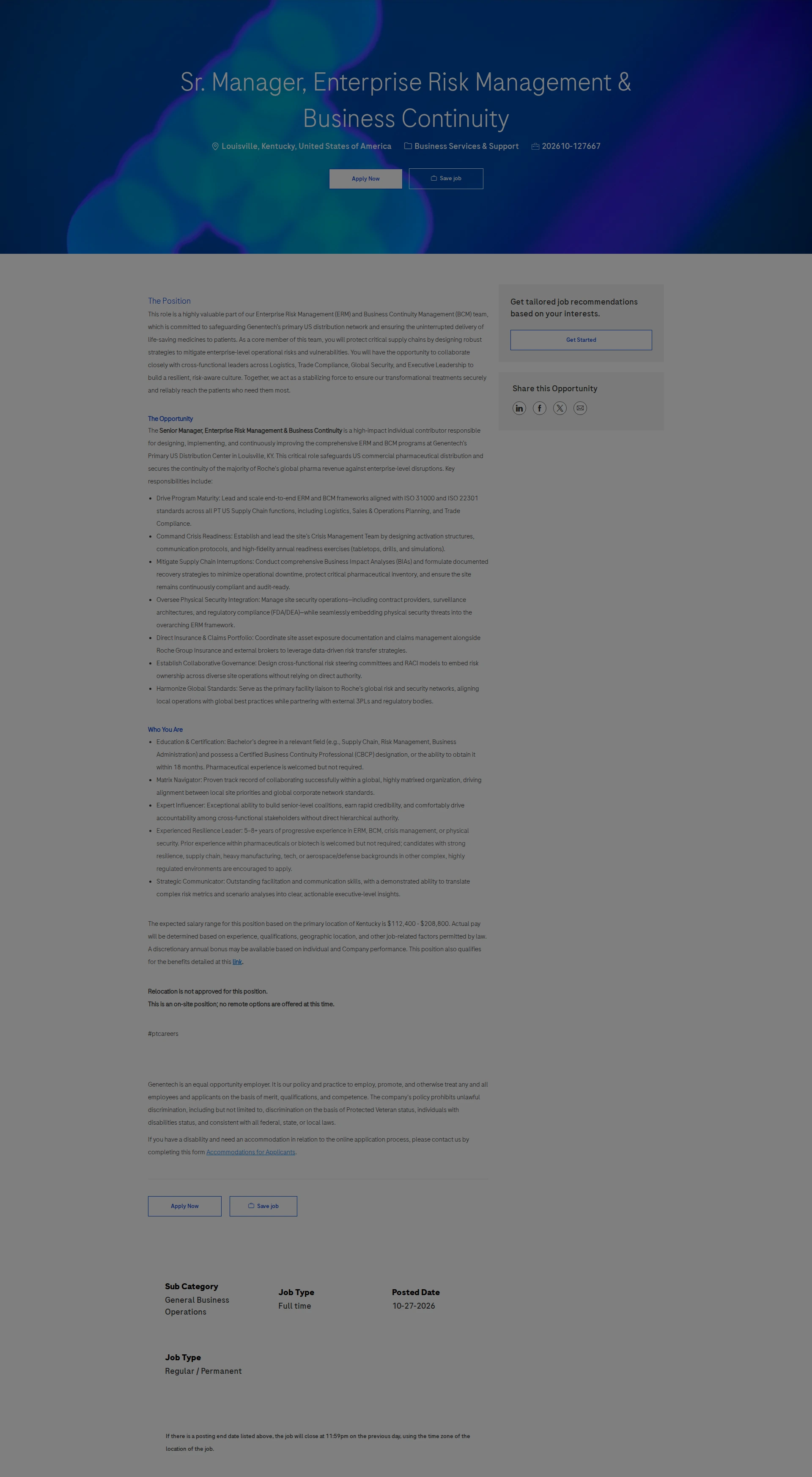 로슈 Sr. Manager, Enterprise Risk Management & Business Continuity 채용공고