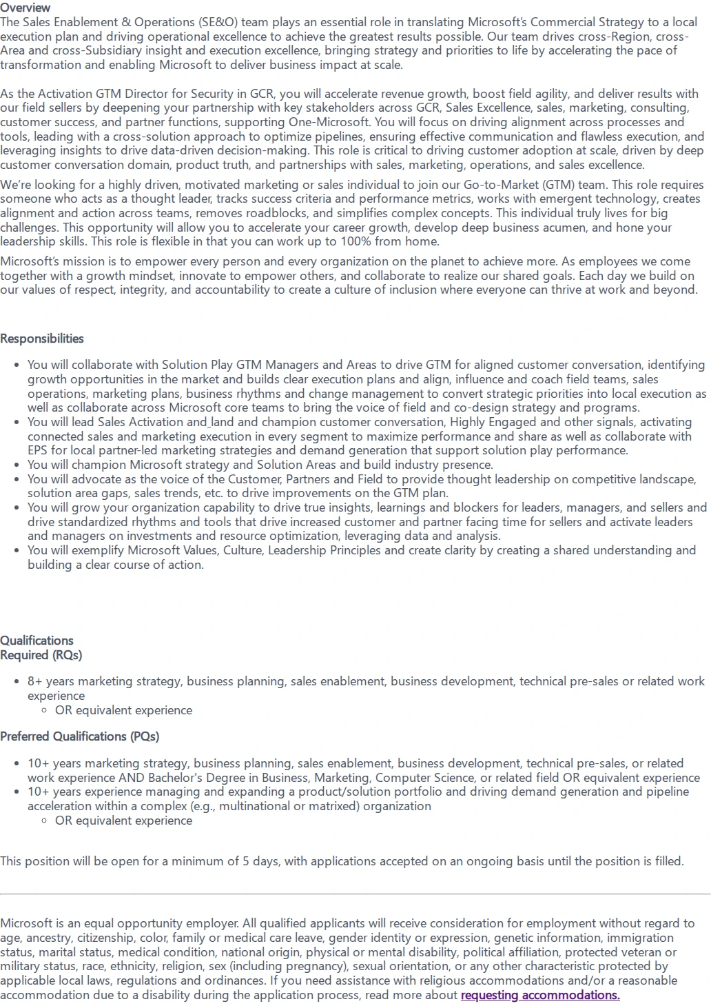 마이크로소프트(Microsoft) GCR Activation GTM Director - Security 채용공고