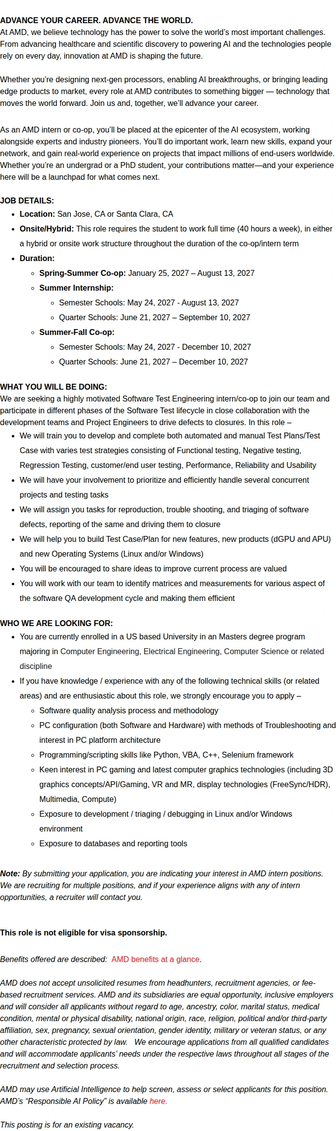 AMD 2027 Masters Software Test Engineering Intern/Co-Op 채용공고