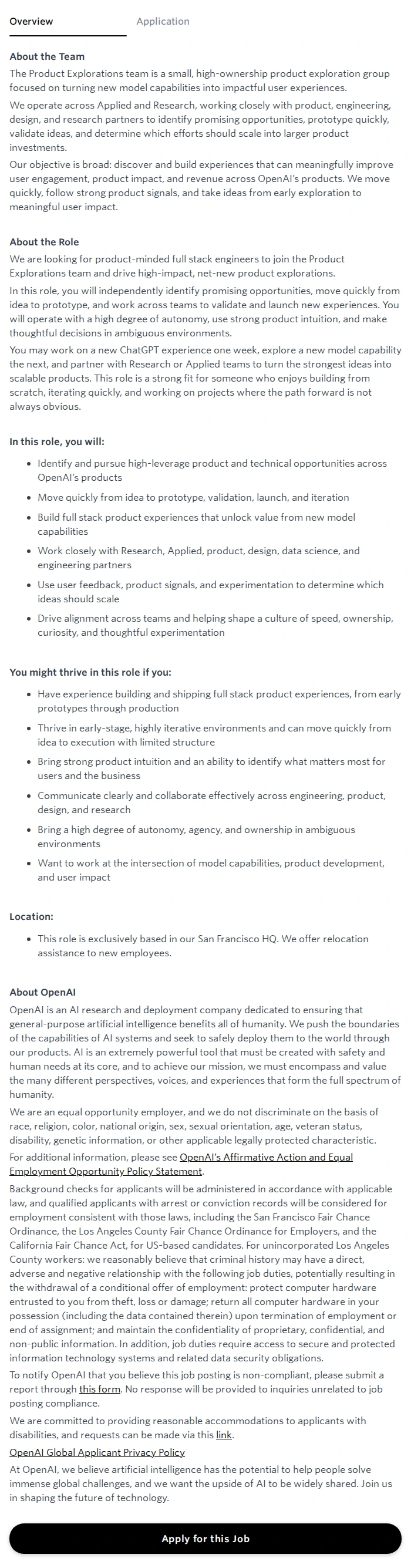 오픈에이아이(OpenAI) Full Stack Software Engineer, Product Explorations 채용공고