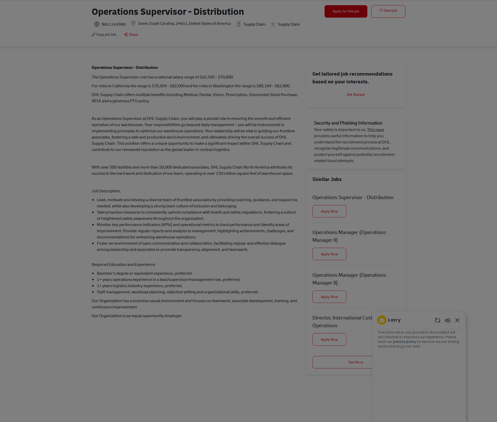 DHL Operations Supervisor - Distribution 채용공고