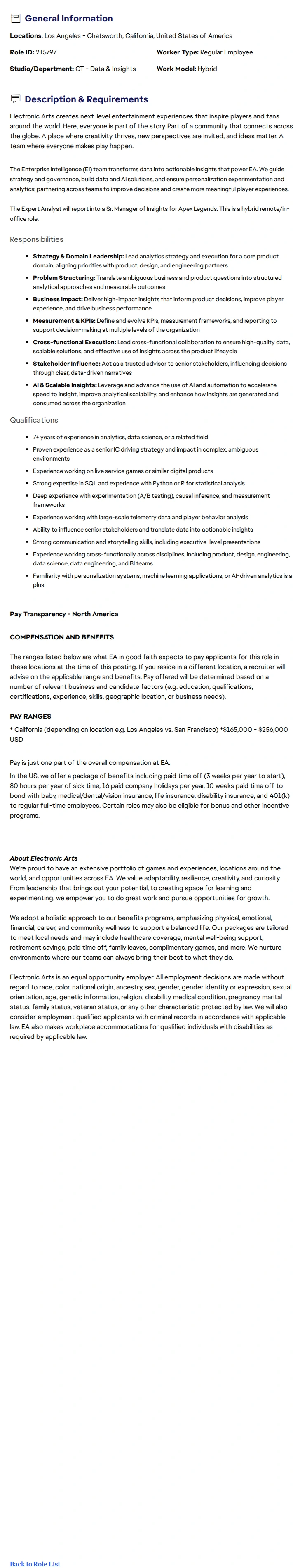 ElectronicArts Expert Analyst - Apex Legends, Enterprise Intelligence (EI) 채용공고