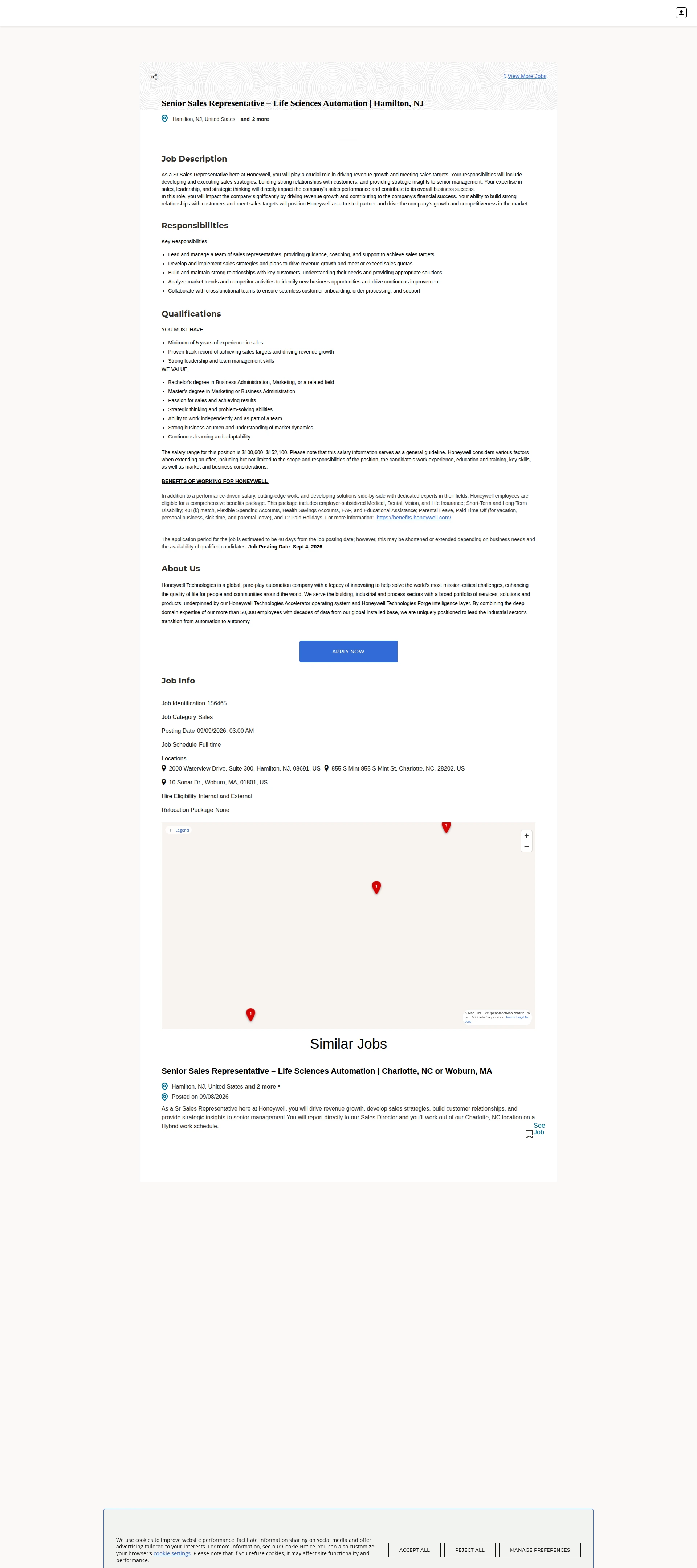 허니웰 Senior Sales Representative – Life Sciences Automation | Hamilton, NJ 채용공고