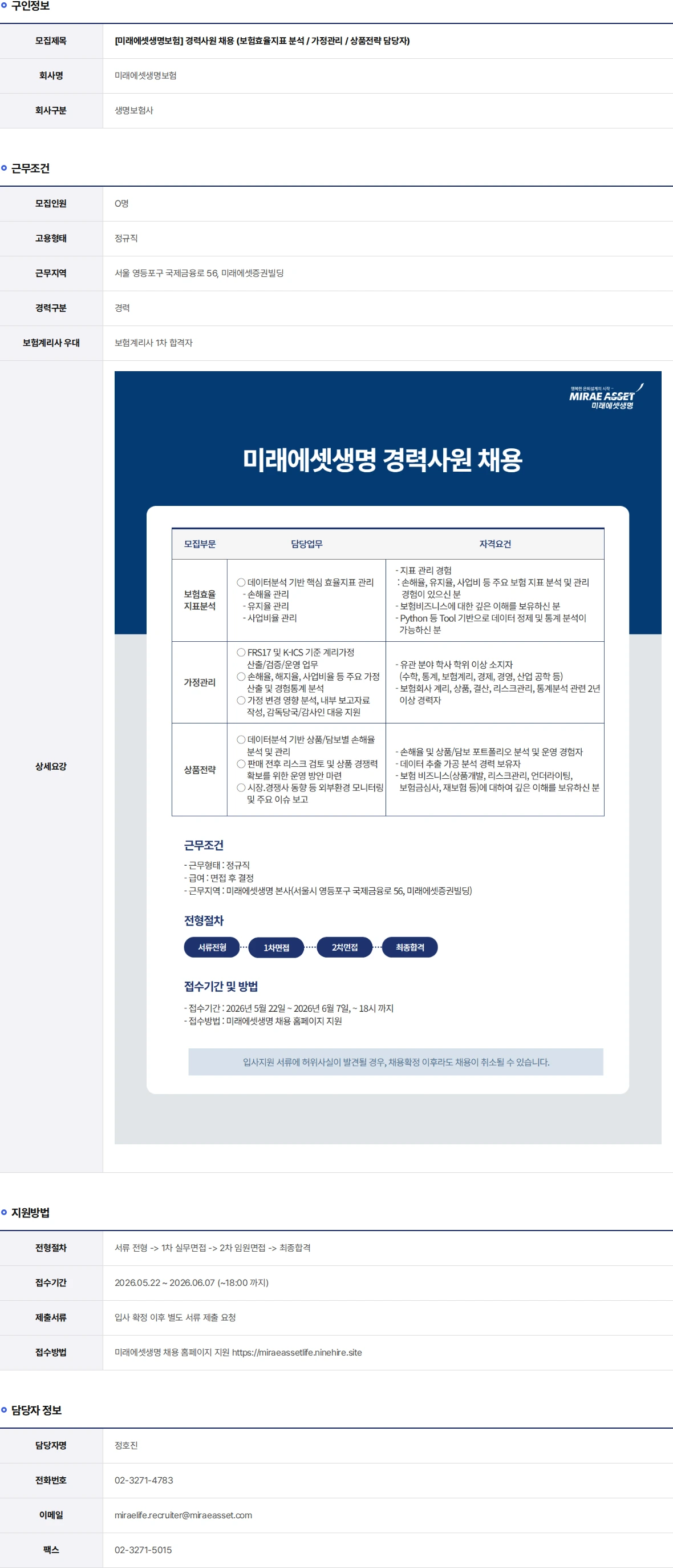 미래에셋생명 경력사원 채용 (보험효율지표 분석 / 가정관리 / 상품전략 담당자) 채용공고