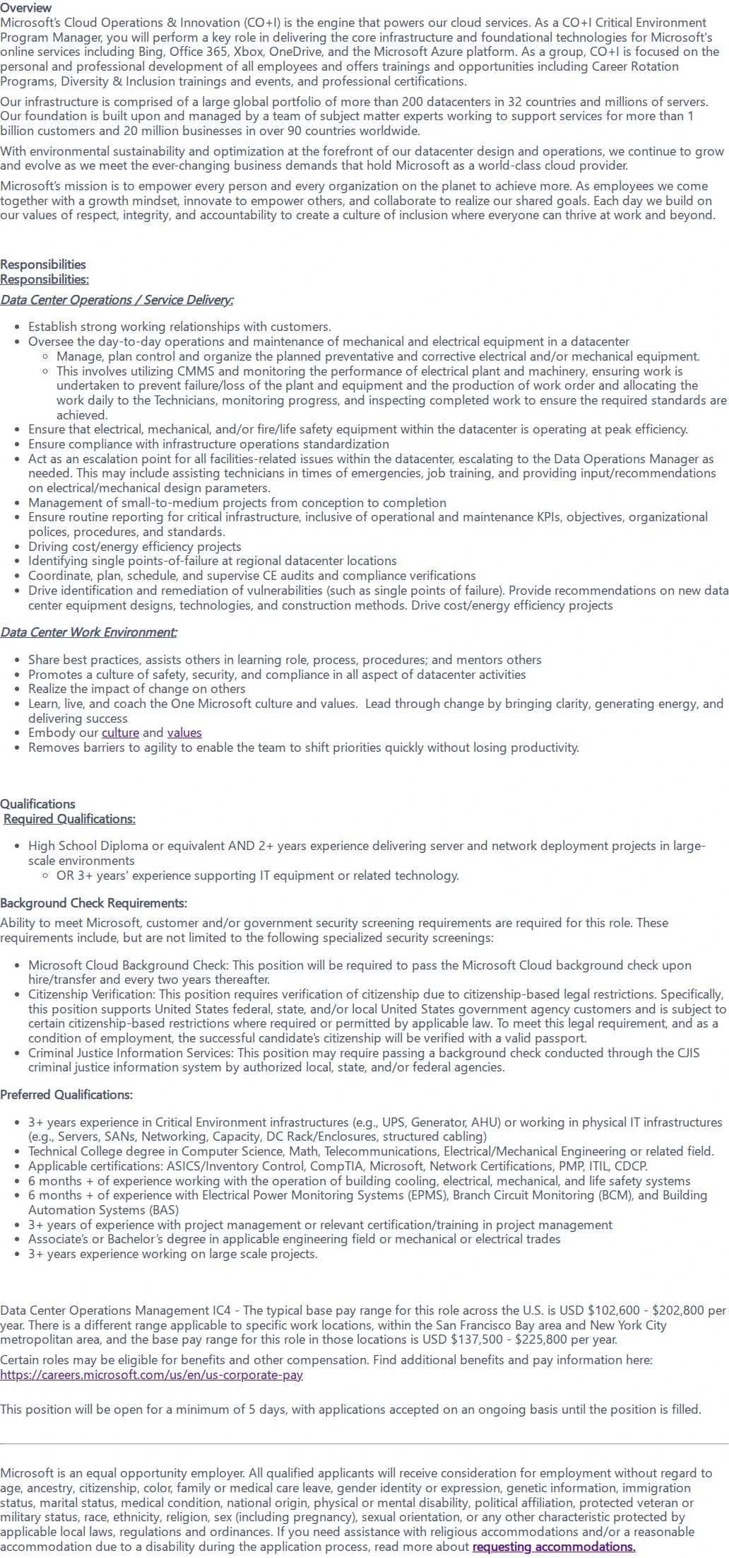 마이크로소프트(Microsoft) Critical Environment Program Manager 채용공고