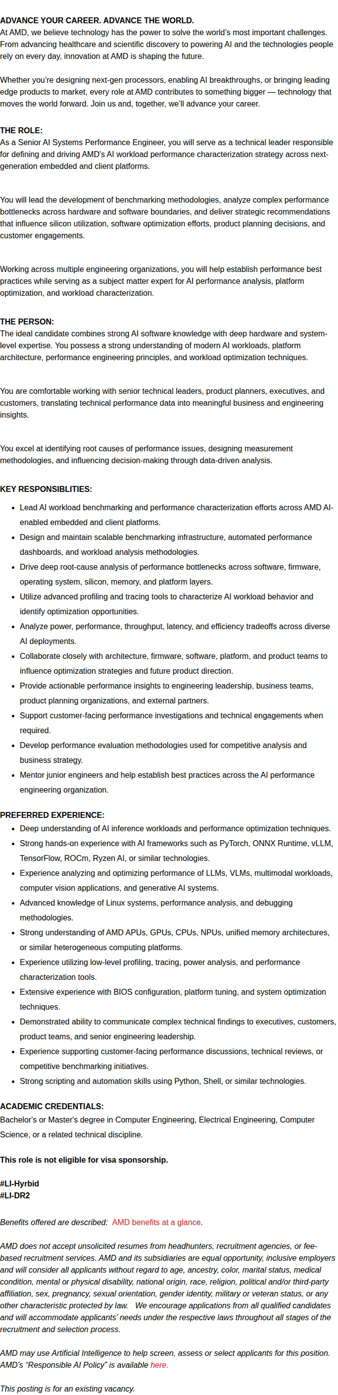 AMD Senior AI Systems Performance Engineer 채용공고