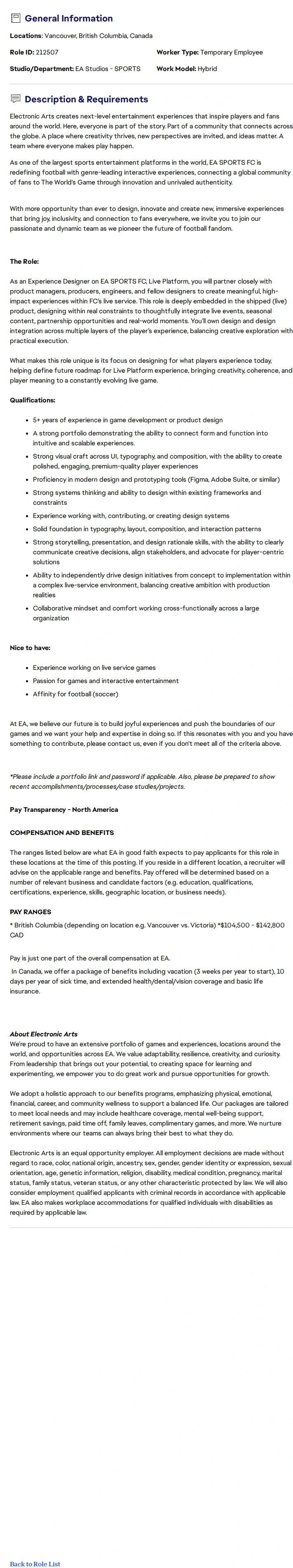 ElectronicArts Experience Designer (Visual Craft and UI) - EA SPORTS™ FC 채용공고