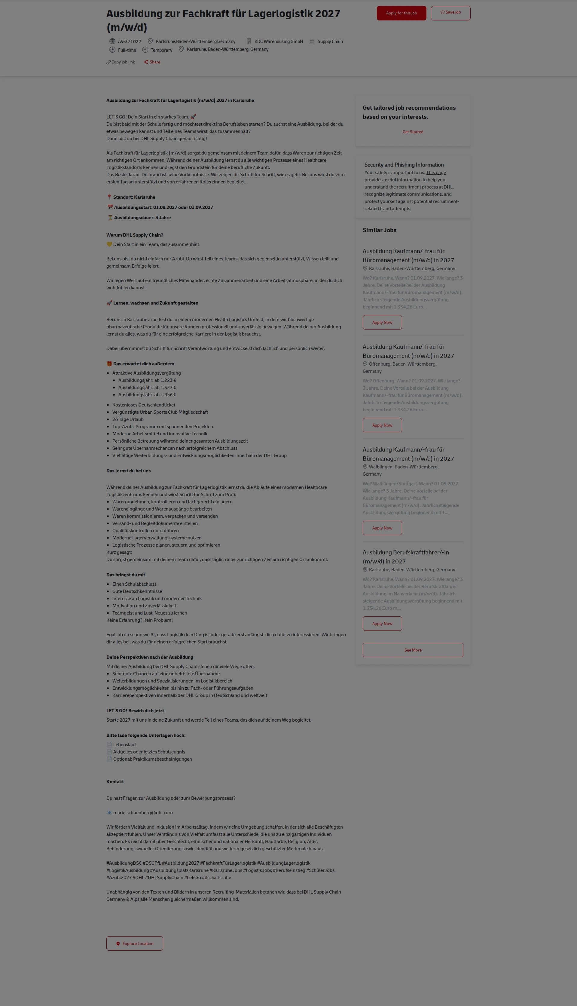 DHL Ausbildung zur Fachkraft für Lagerlogistik 2027 (m/w/d) 채용공고