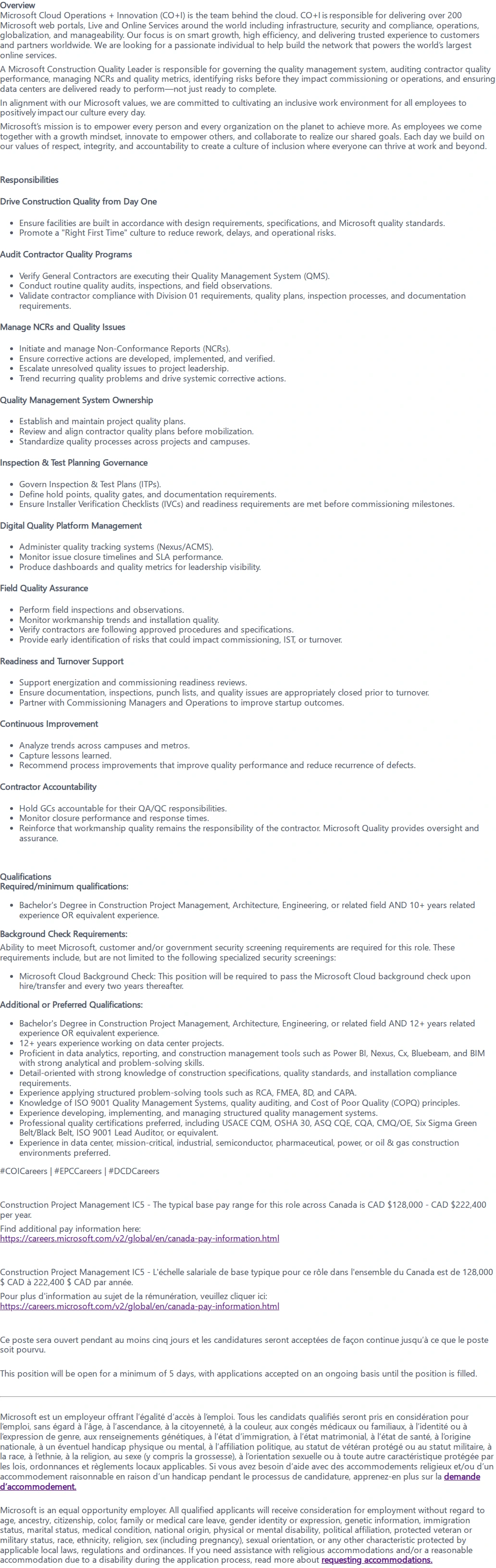 마이크로소프트(Microsoft) Metro Construction Quality Leader 채용공고