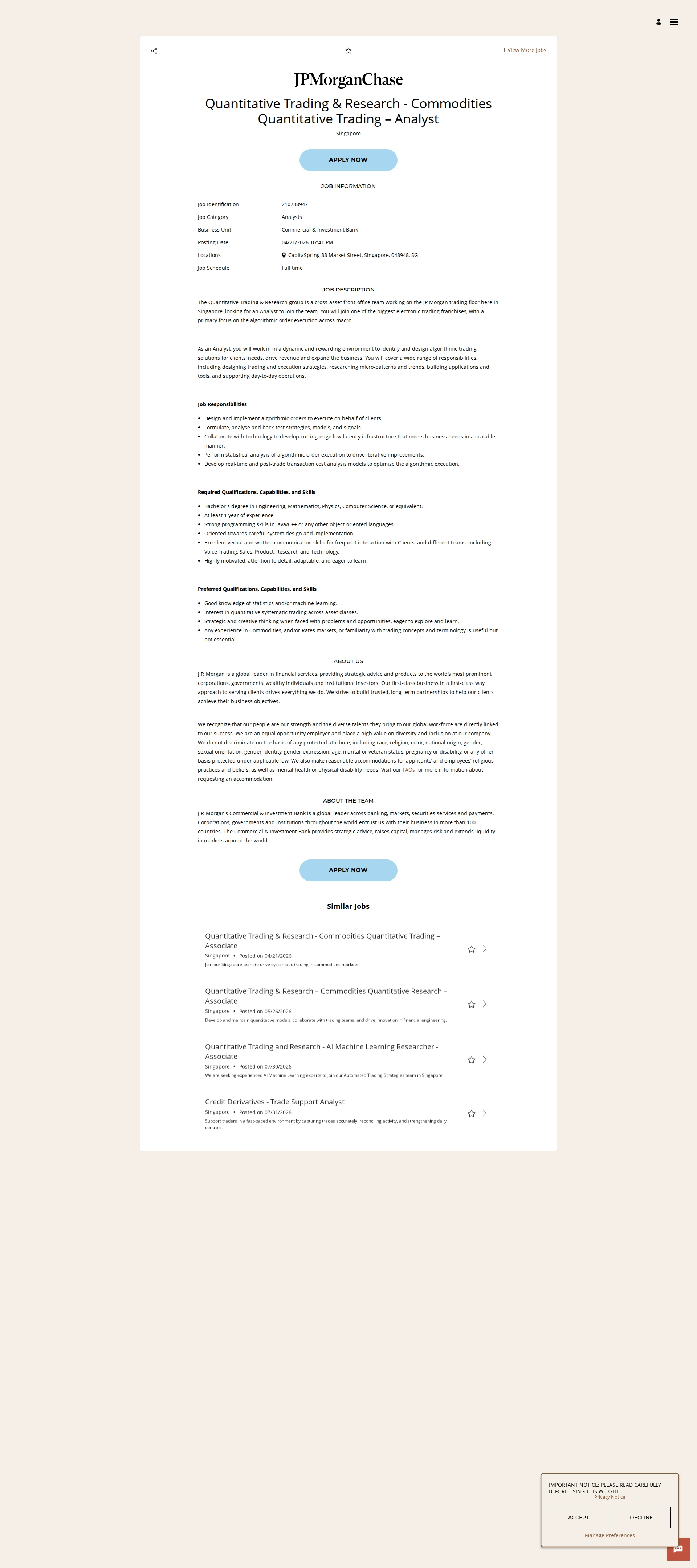 JPMorganChase Quantitative Trading & Research - Commodities Quantitative Trading – Analyst 채용공고