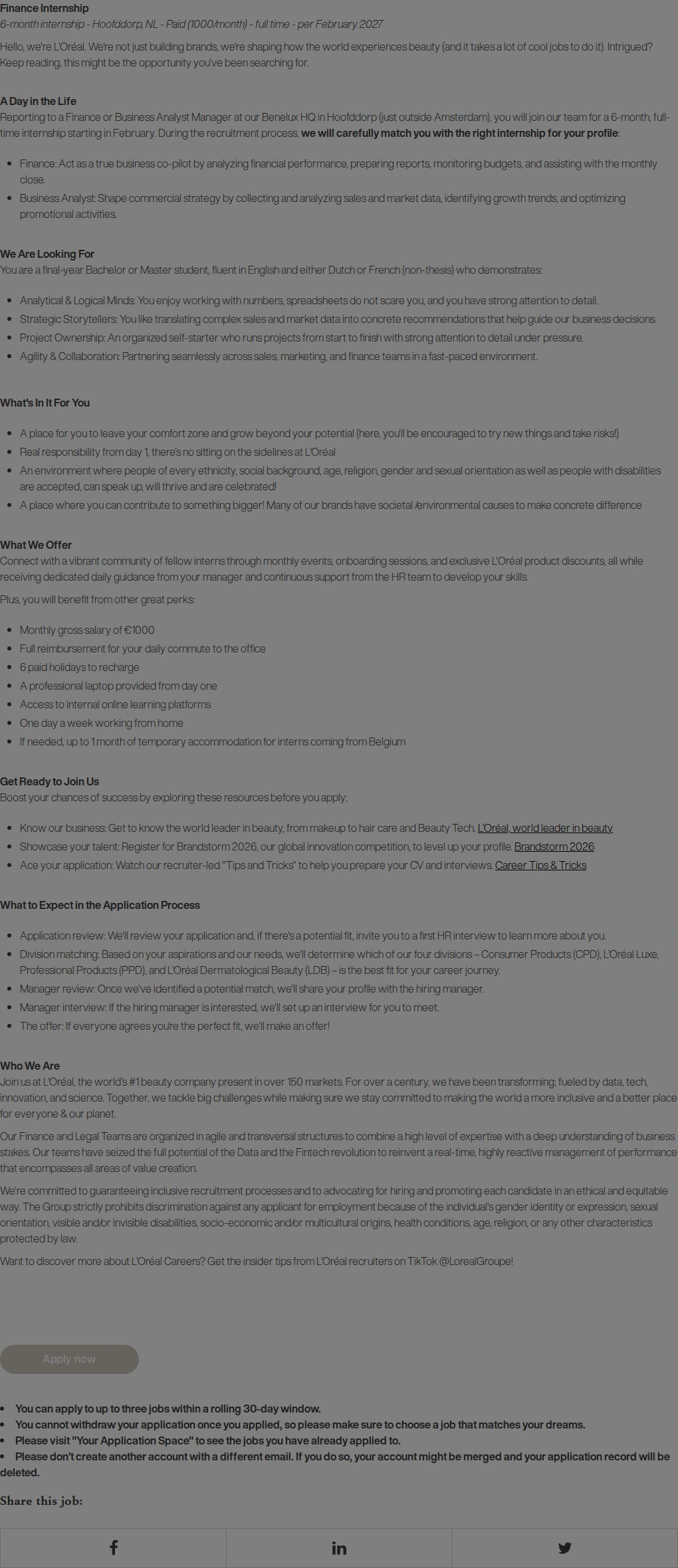 로레알(L'Oreal) Internships Finance & Business Analyst (Paid) - February 2027 채용공고
