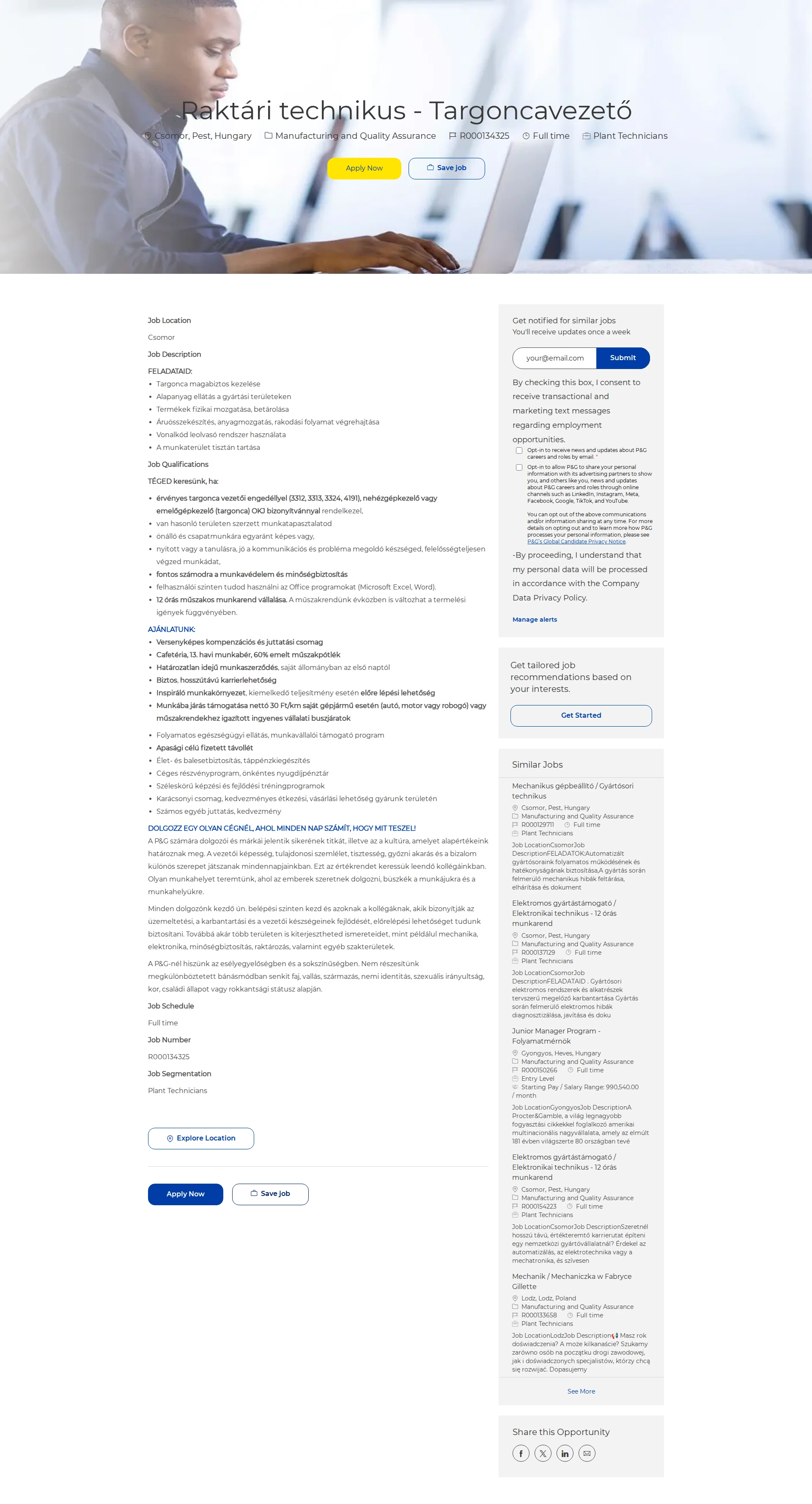 P&G Raktári technikus - Targoncavezető 채용공고