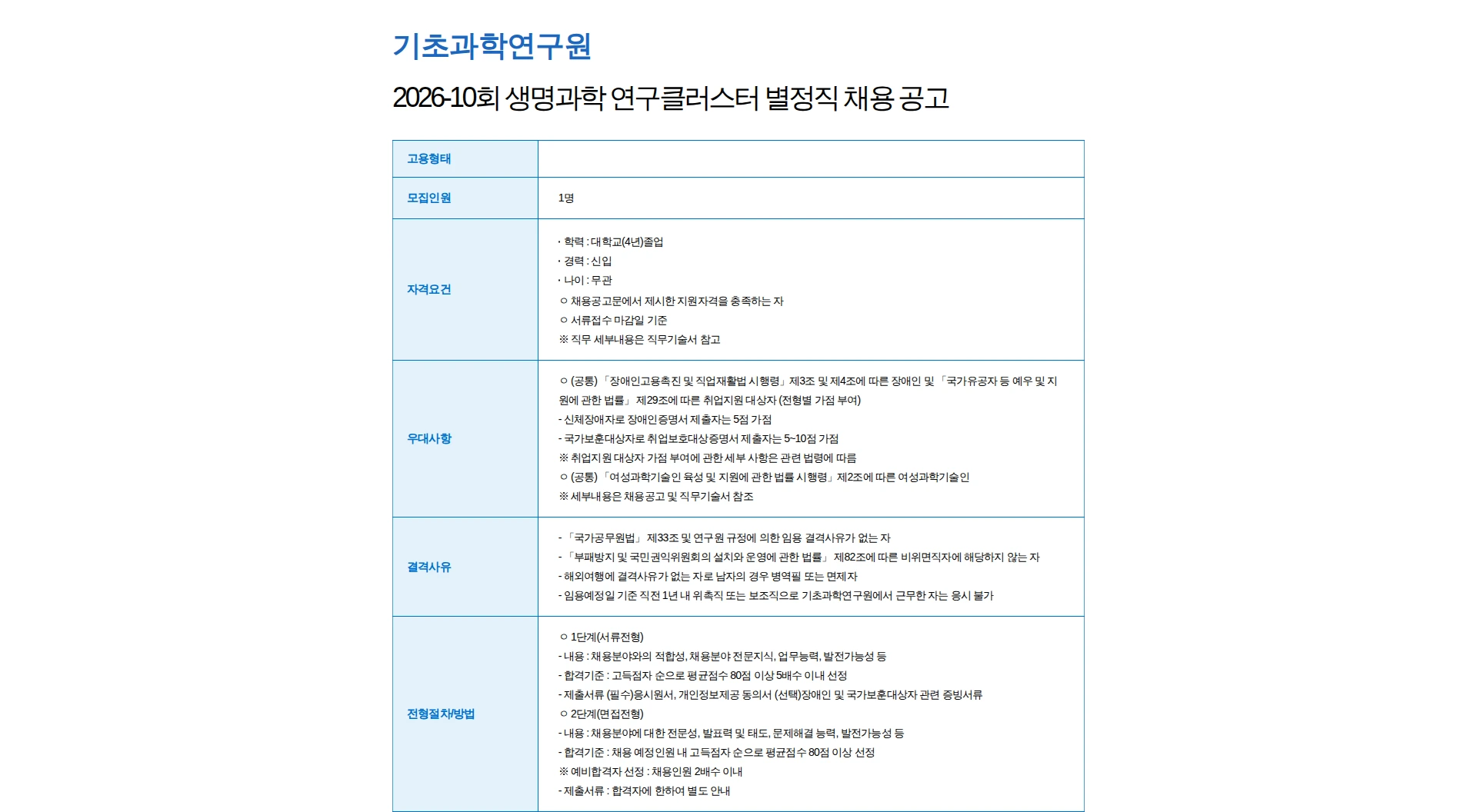 기초과학연구원 2026-10회 생명과학 연구클러스터 별정직 채용 공고 채용공고