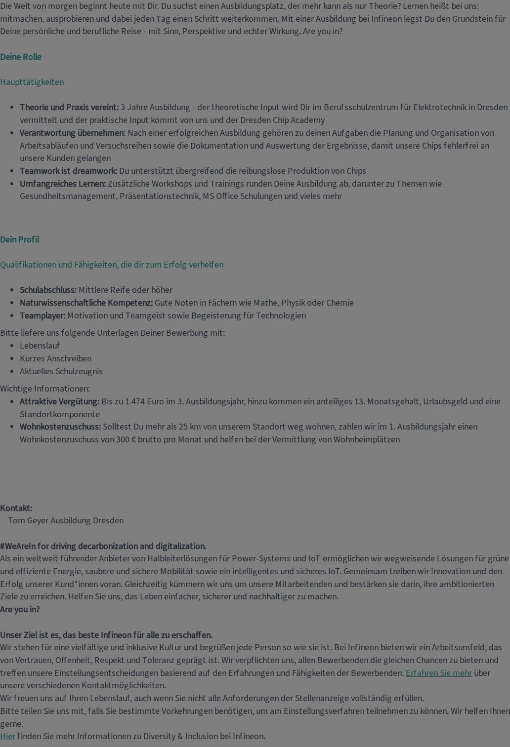 인피니언 Ausbildung Mikrotechnologe (w/m/d) 2027 채용공고