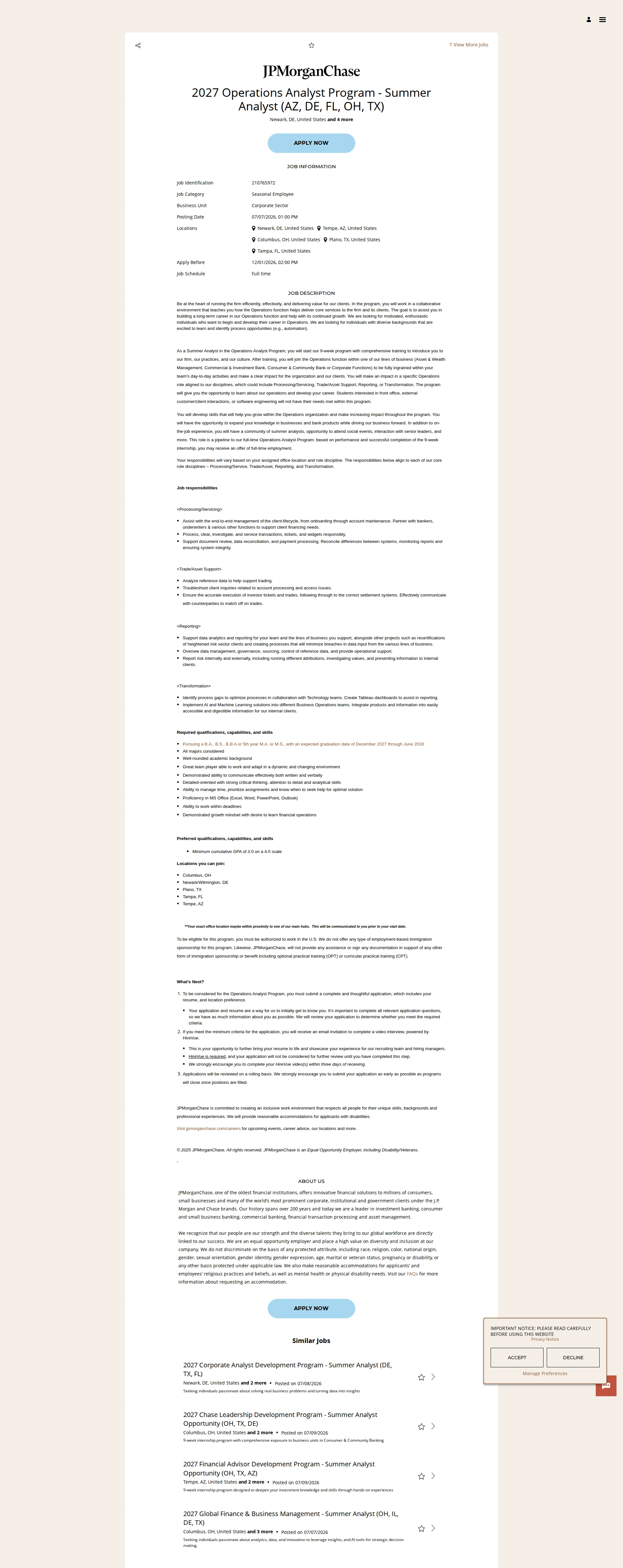 JPMorganChase 2027 Operations Analyst Program - Summer Analyst (AZ, DE, FL, OH, TX) 채용공고