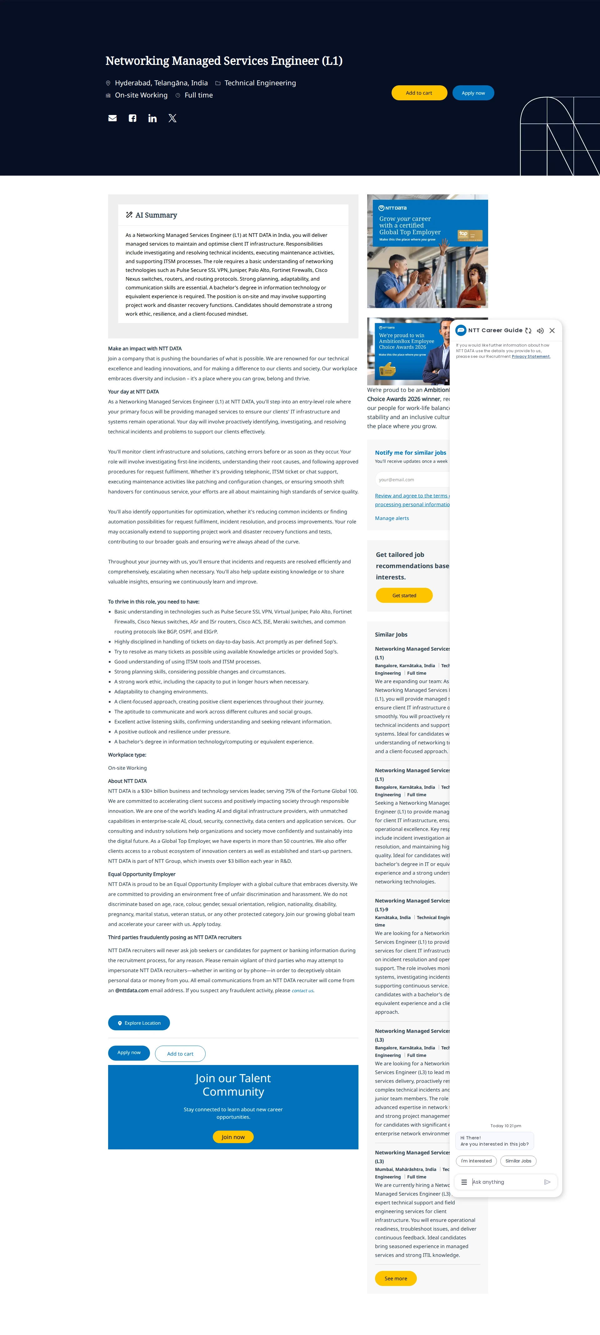 NTT데이터 Networking Managed Services Engineer (L1) 채용공고