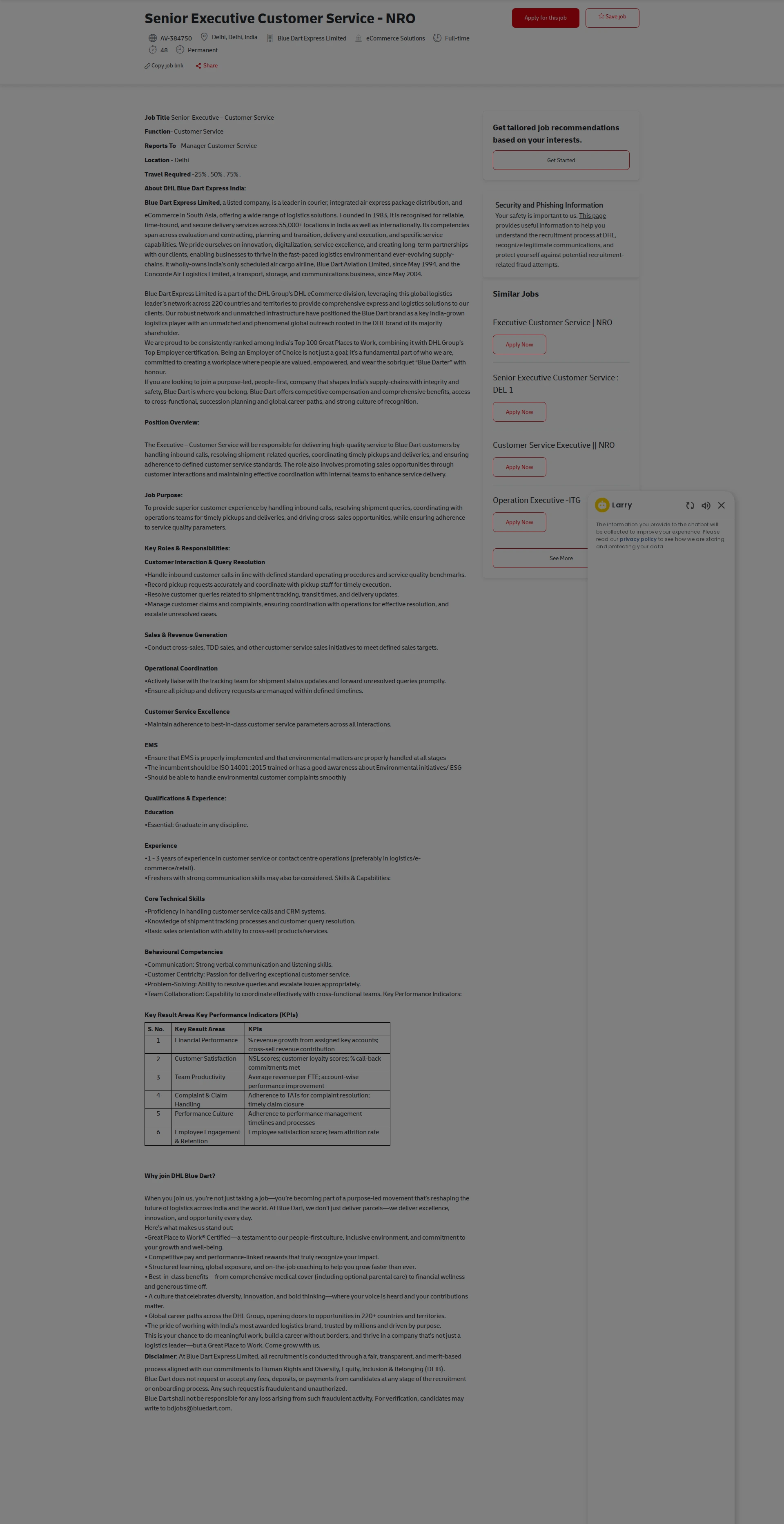 DHL Senior  Executive  Customer Service - NRO 채용공고