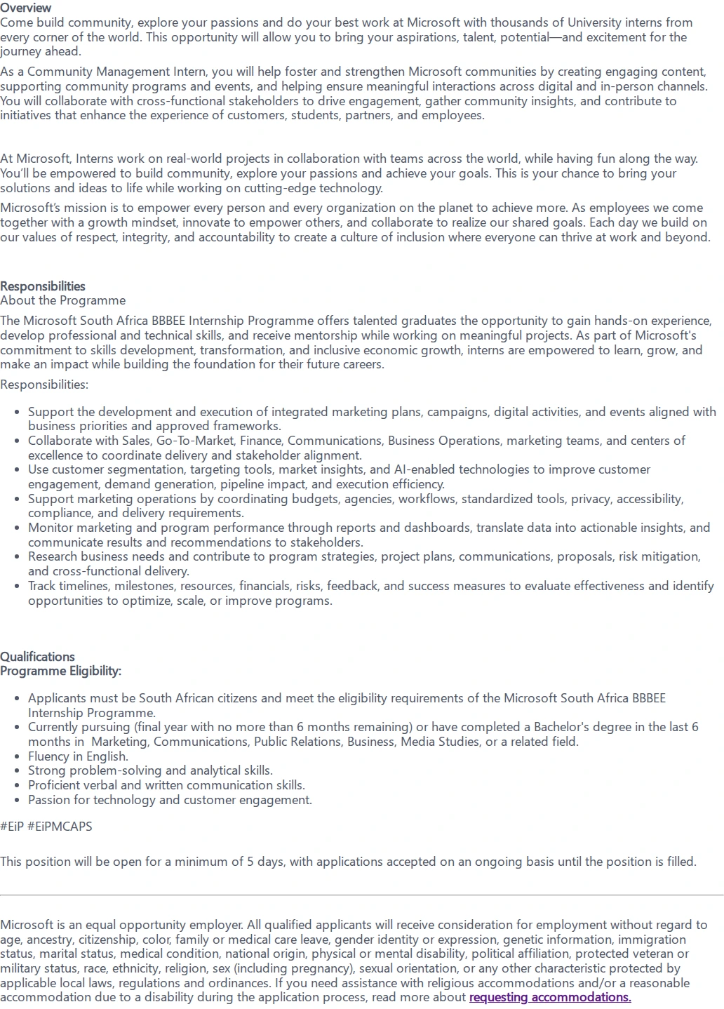 마이크로소프트(Microsoft) Community Mgr - BBBEE Internship 채용공고