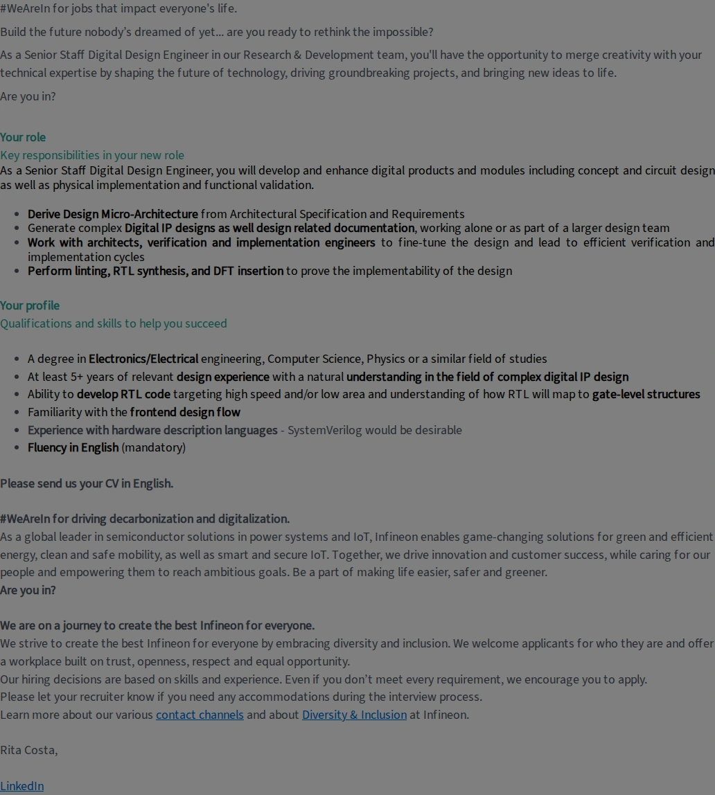 인피니언테크놀로지스코리아 Senior Staff Digital Design Engineer (f/m/div) 채용공고
