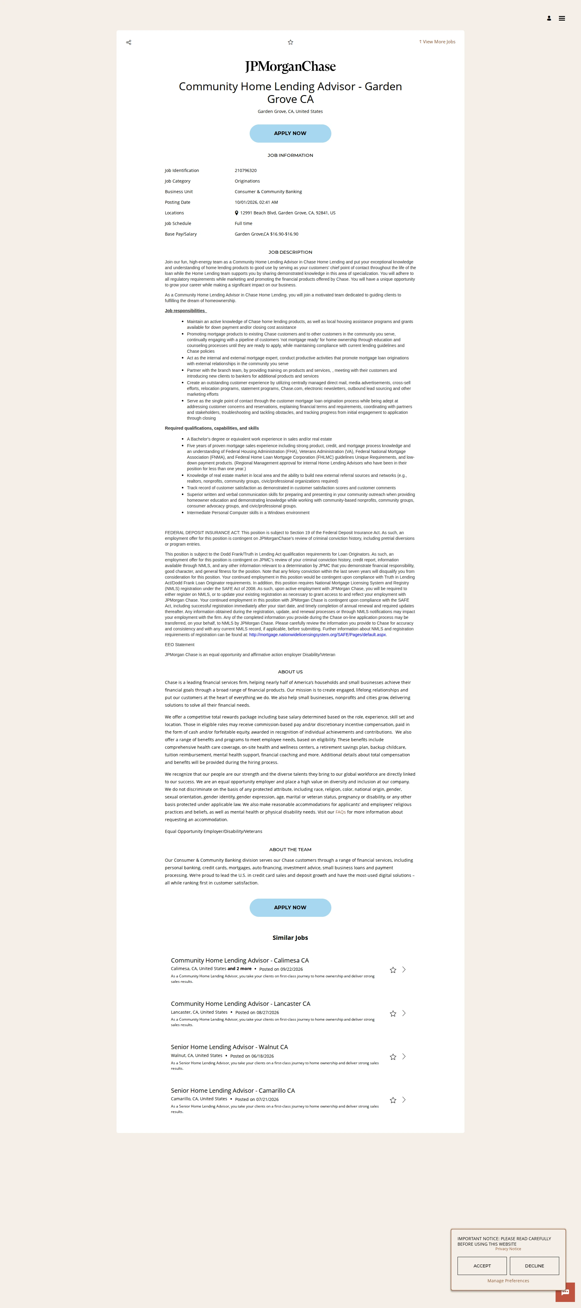 JPMorganChase Community Home Lending Advisor - Garden Grove CA 채용공고