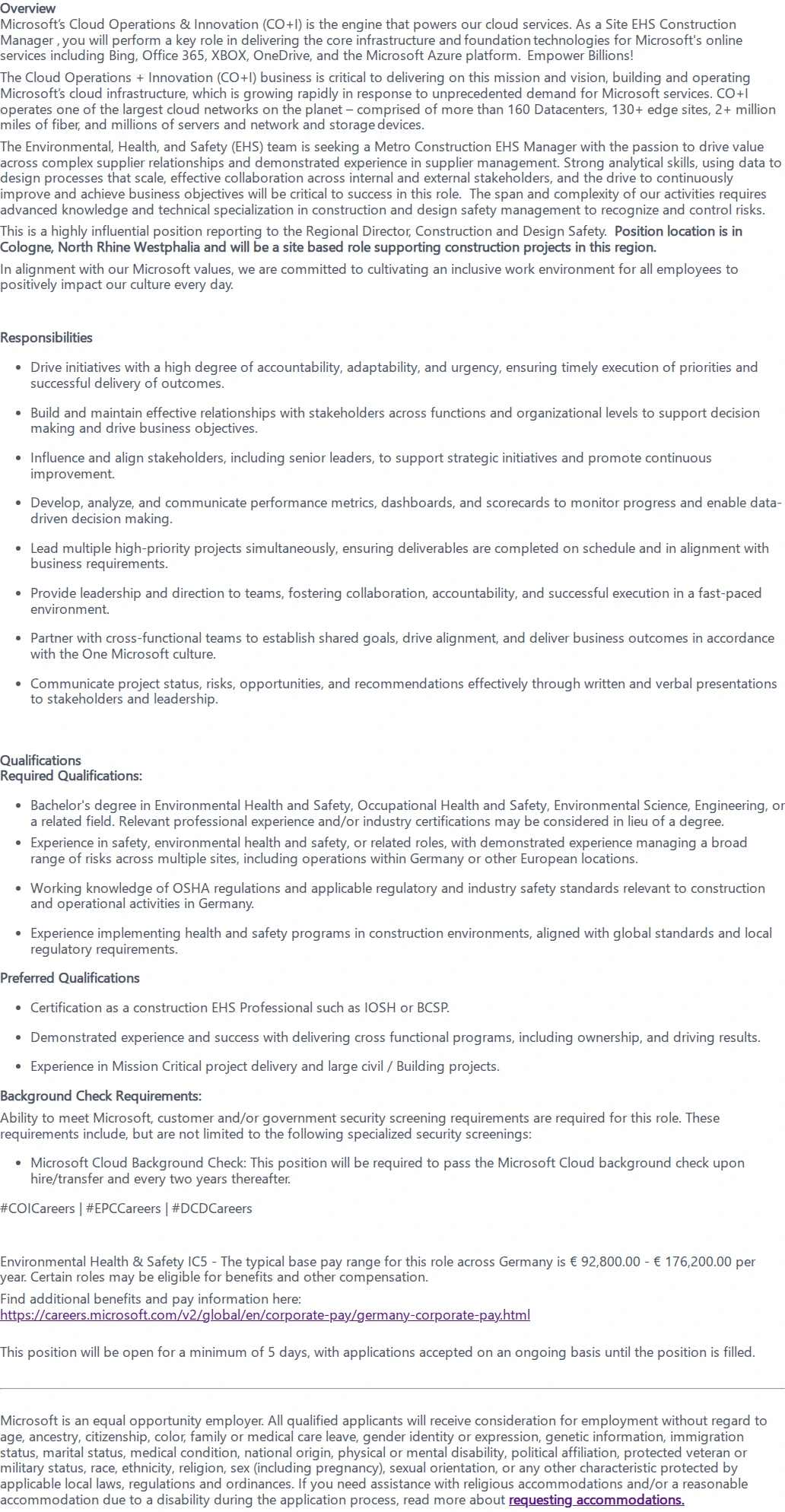 마이크로소프트(Microsoft) Metro Construction EHS Manager - Germany 채용공고