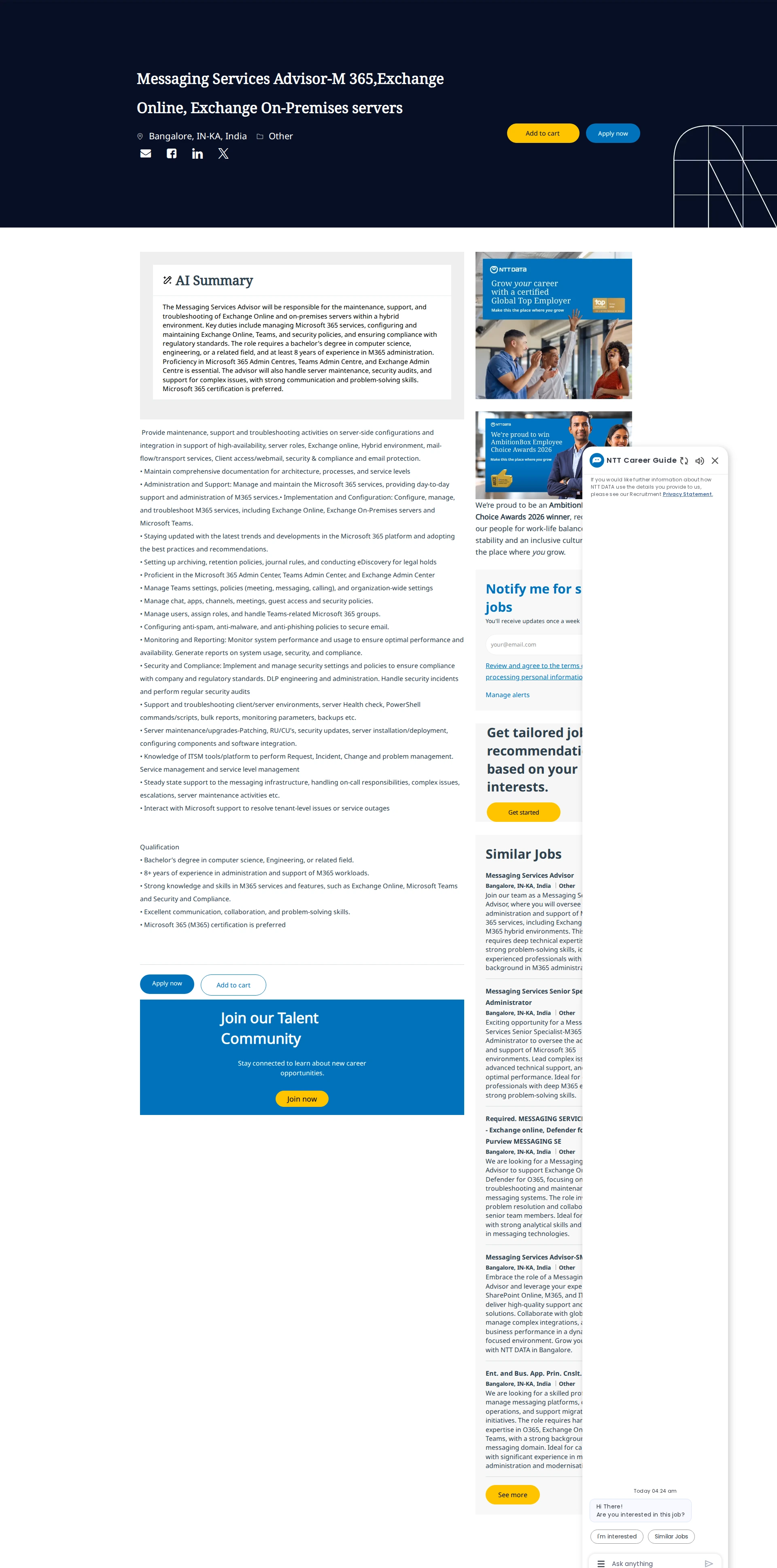 NTT데이터 Messaging Services Advisor-M 365,Exchange Online, Exchange On-Premises servers 채용공고