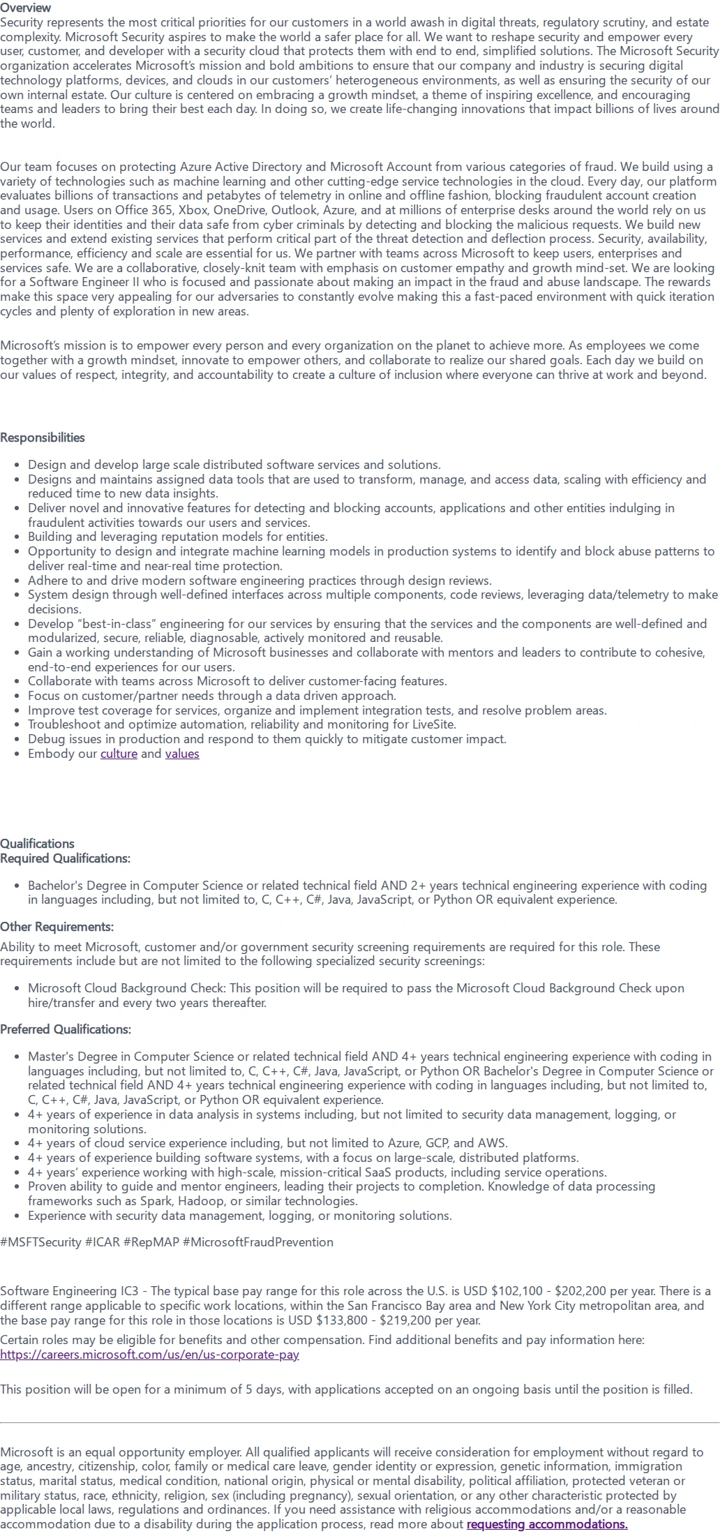 마이크로소프트(Microsoft) Software Engineer II - Compromise & Fraud Protection 채용공고