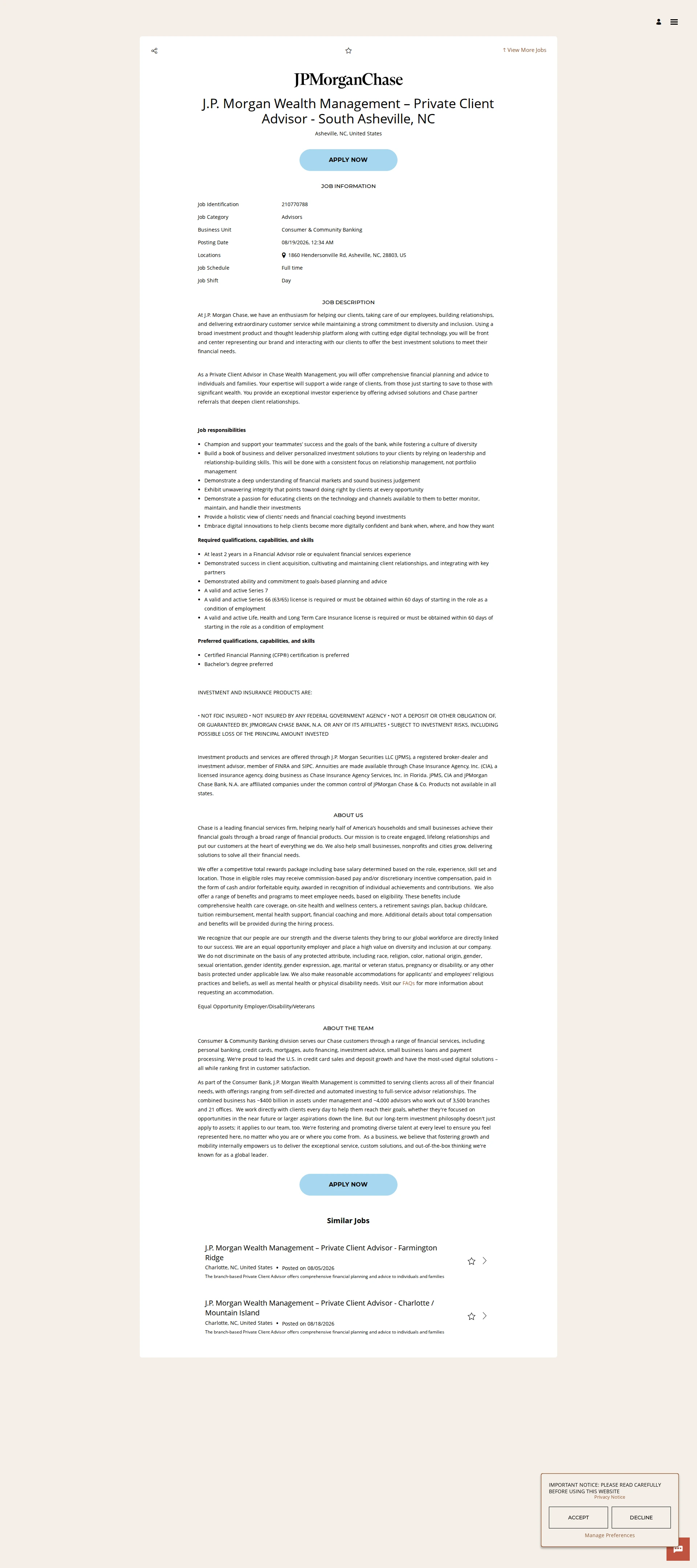 JPMorganChase J.P. Morgan Wealth Management – Private Client Advisor - South  Asheville, NC 채용공고
