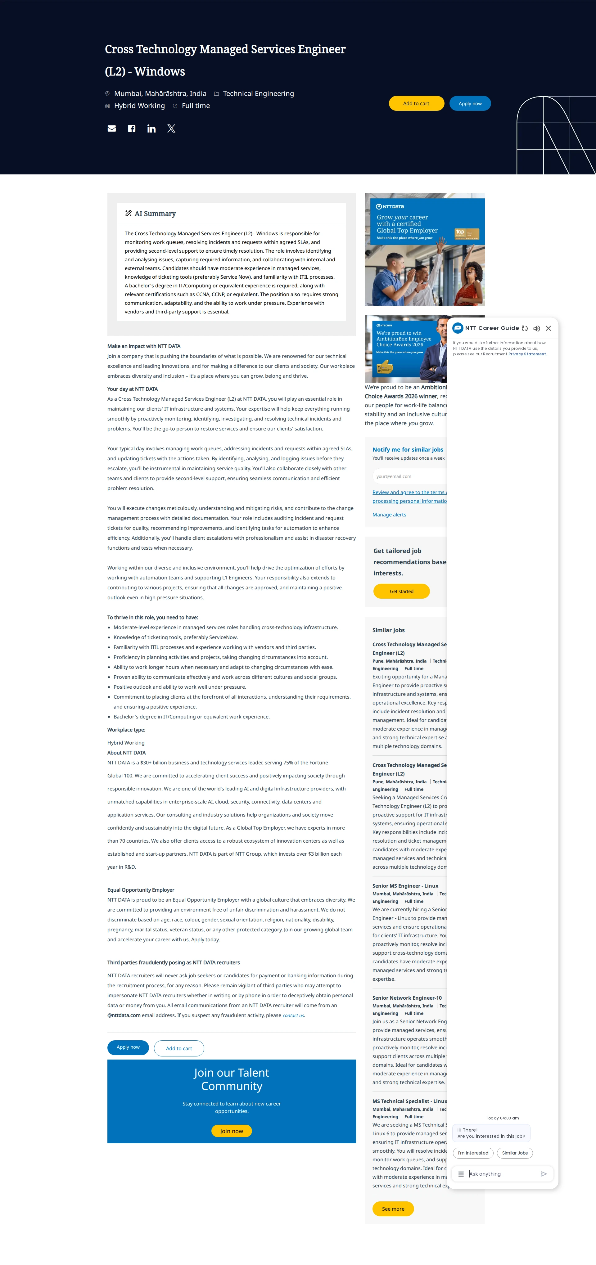 NTT데이터 Cross Technology Managed Services Engineer (L2) - Windows 채용공고