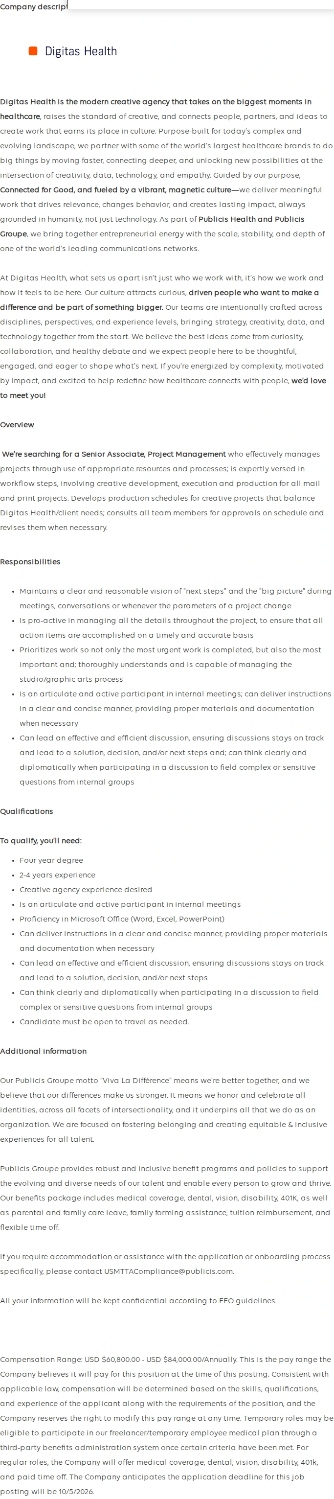 Publicis Groupe Senior Associate, Project Management 채용공고