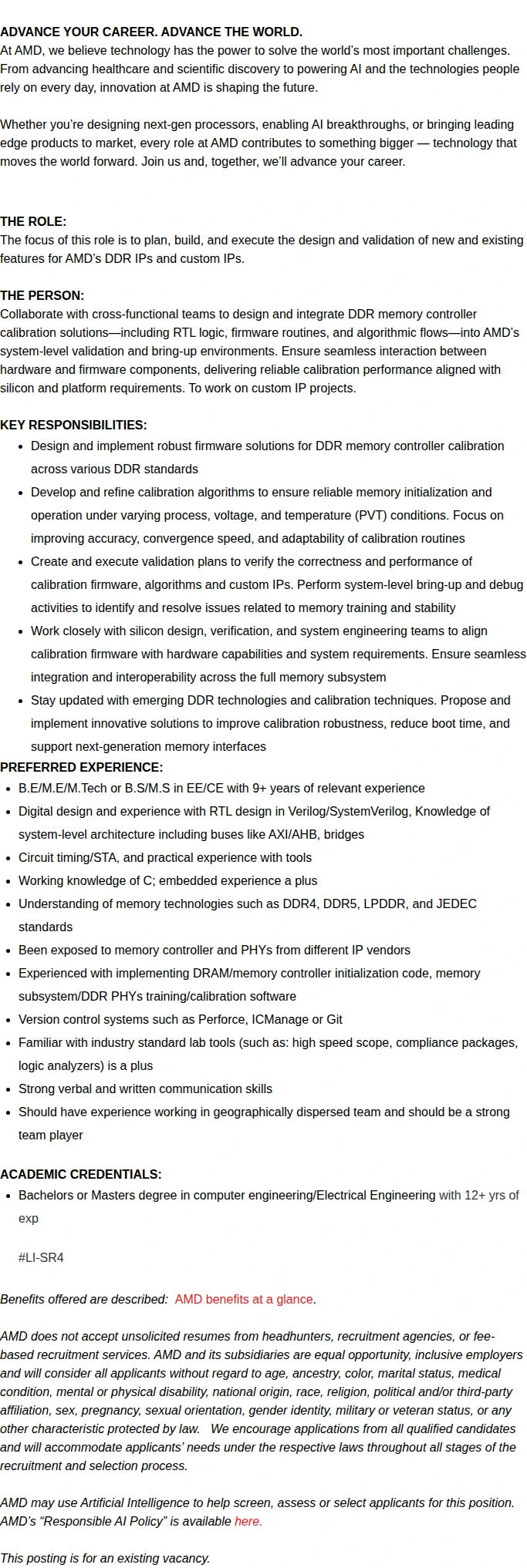 AMD Lead RTL Design & Validation Engineer with DDR protocols exp 채용공고
