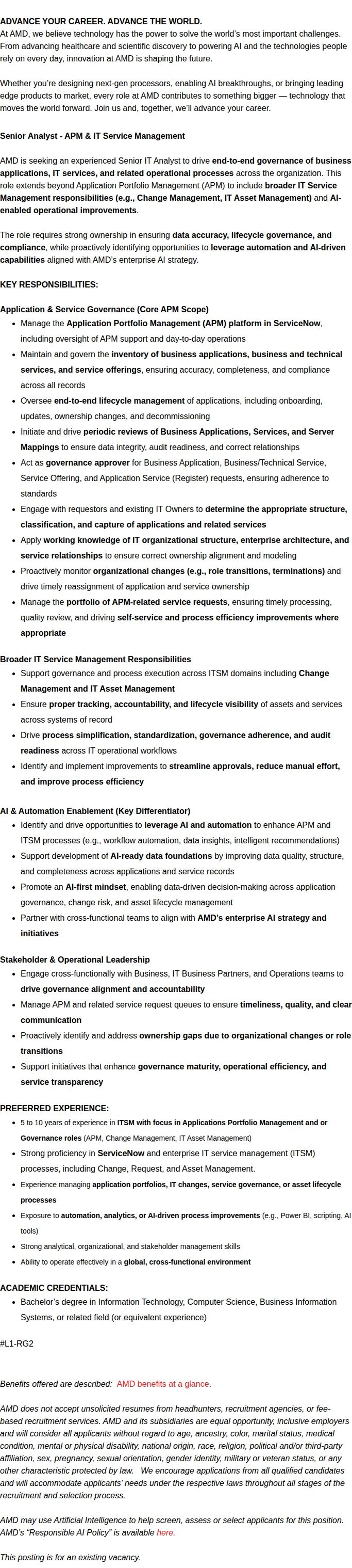 AMD Senior Analyst - APM & IT Service Management 채용공고