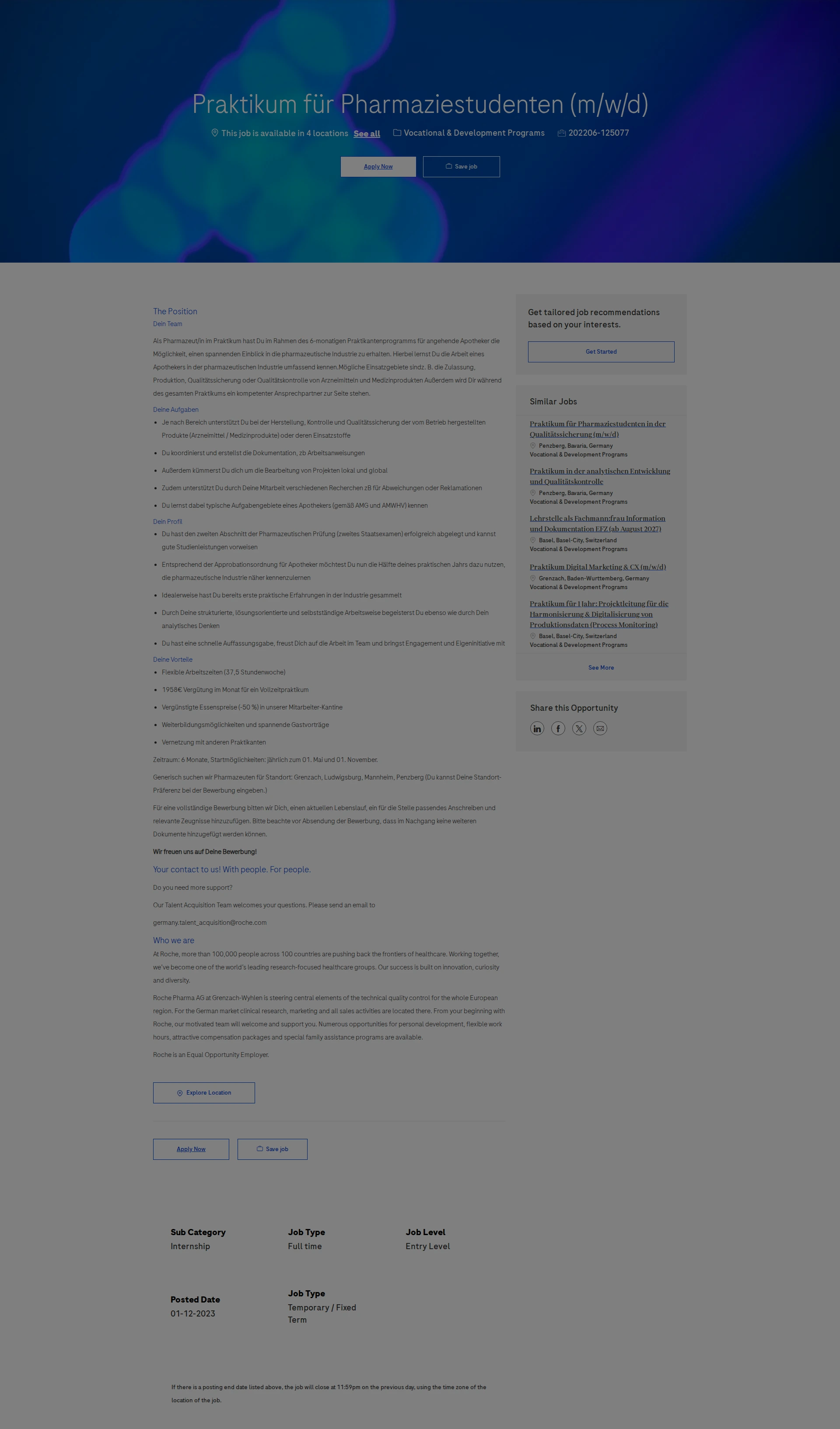 로슈 Praktikum für Pharmaziestudenten (m/w/d) 채용공고
